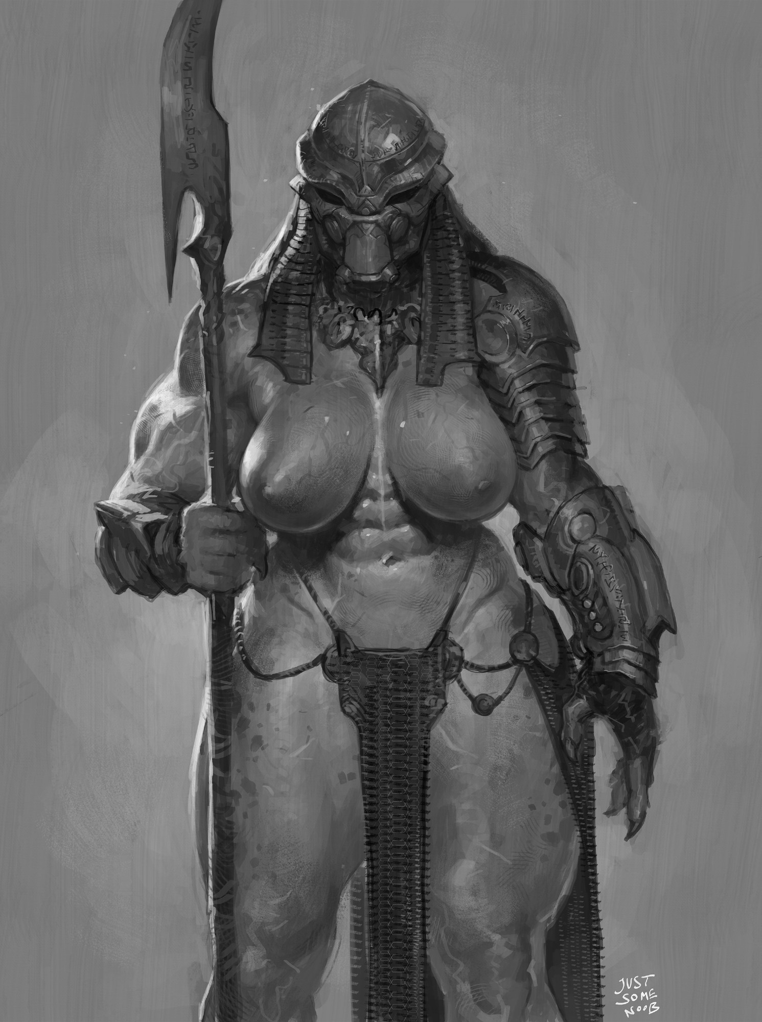 absurd res, alien, alien girl, alien humanoid, areola, areolae, biceps, big breasts, breasts, breasts out, curvaceous, curvaceous female, curvaceous figure, curvy, curvy body, curvy female, curvy figure, curvy hips, digital painting (artwork), female, female focus, female yautja, greyscale, hourglass figure, hourglass figured female, huge thighs, justsomenoob, large breasts, mask, masked, masked female, monochrome, muscular, muscular female, muscular thighs, nonsexual, nonsexual nudity, pinup, predator (franchise), six pack, solo, solo female, solo focus, tasteful, tasteful nudity, thick legs, thick thighs, toned, toned body, toned female, toned stomach, topless, topless female, voluptuous, voluptuous female, wide hips, wide thighs, yautja