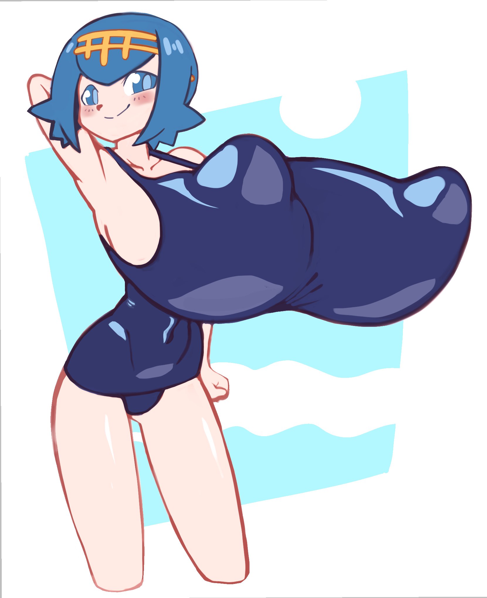 aged up, alternate breast size, angstrom, big, blue eyes, blue hair, breasts, female, gigantic breasts, huge breasts, lana (pokemon), nintendo, nipple bulge, perky breasts, perky nipples, pokemon, pokemon sm, swimsuit, top heavy