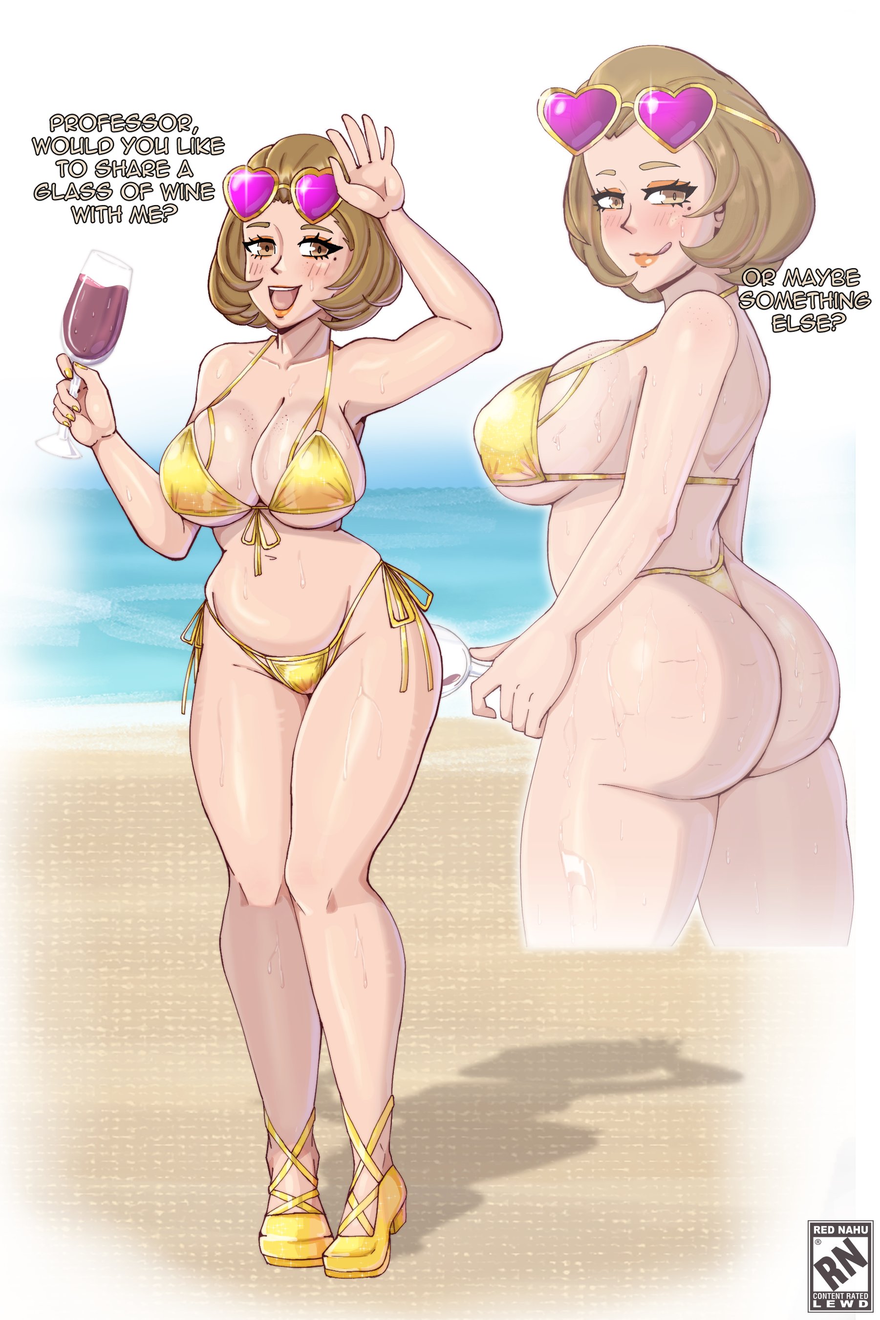 1girls, alcohol, alternate costume, ass, breasts, english text, female, female only, fire emblem, fire emblem: three houses, gold bikini, gold swimsuit, manuela casagranda, nahusmash, nintendo, solo, text, yellow bikini, yellow swimsuit