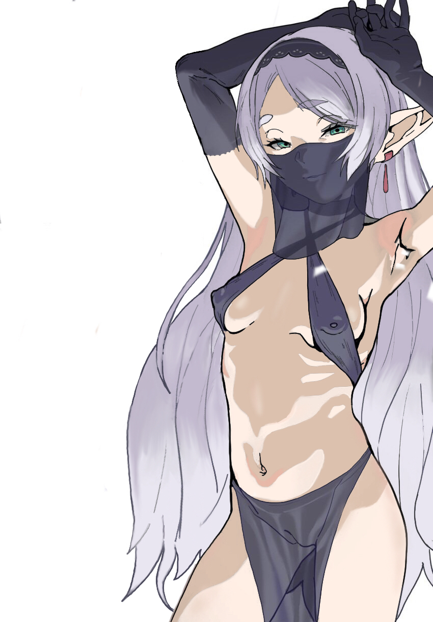 arabian clothes, elf, elf ears, female, female only, frieren, frieren beyond journey's end, green eyes, hands behind head, nipple bulge, nude, silver hair, small ass, small breasts, smile, sousou no frieren