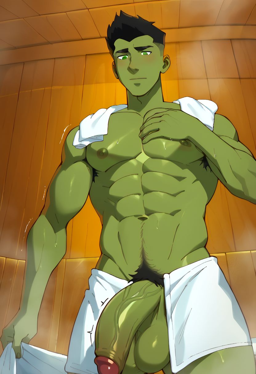 abs, ai generated, armpit hair, balls, bara, beast boy, beast boy (young justice), big balls, big penis, dc, dc comics, garfield logan, gay, green hair, green skin, ilovementits, male, male only, muscular, muscular male, nipples, penis, pubic hair, sweat, yaoi