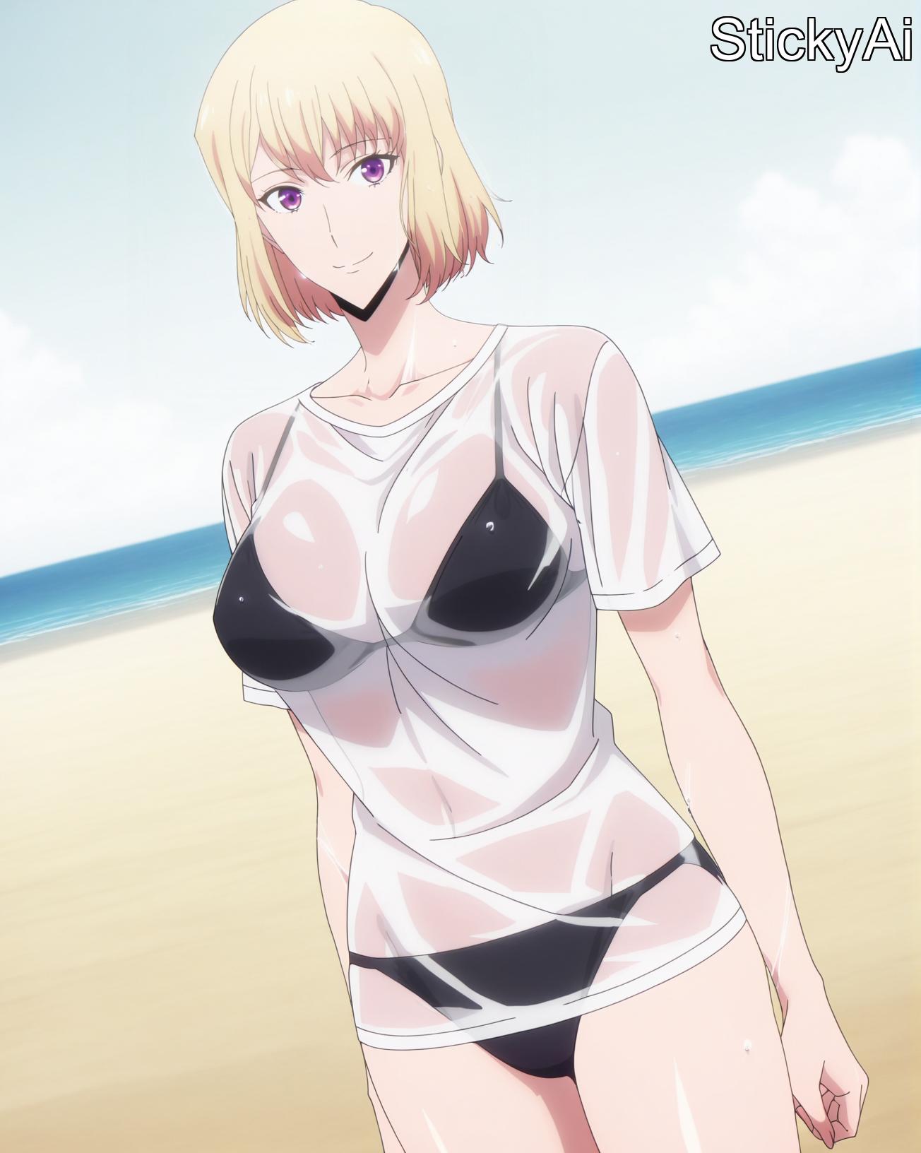 ai_generated beach blonde_hair cha_hae_in large_breasts medium_hair solo_leveling stickyai