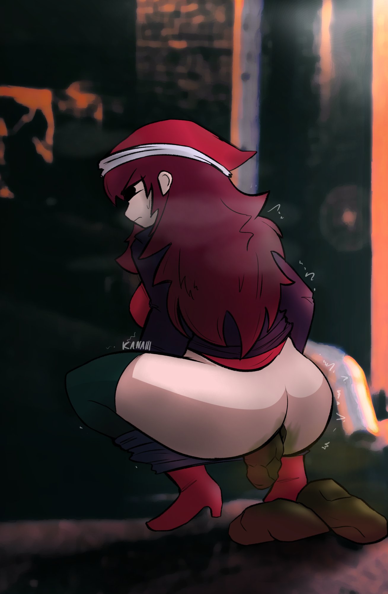 ass, back view, brown hair, clothing, female, friday night funkin, friday night funkin mod, girlfriend (friday night funkin), hat, high heels, kanaiiii, long hair, lullaby girlfriend (fnf), pooping, scat, shitting, solo, squatting, straining, tagme