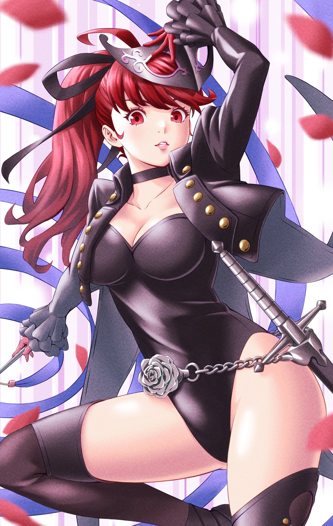 atlus, breasts, clothing, female, female only, human, kasumi yoshizawa, masatoshi 1219, pale skin, persona, persona 5, phantom thief suit, red eyes, red hair, solo, sumire yoshizawa