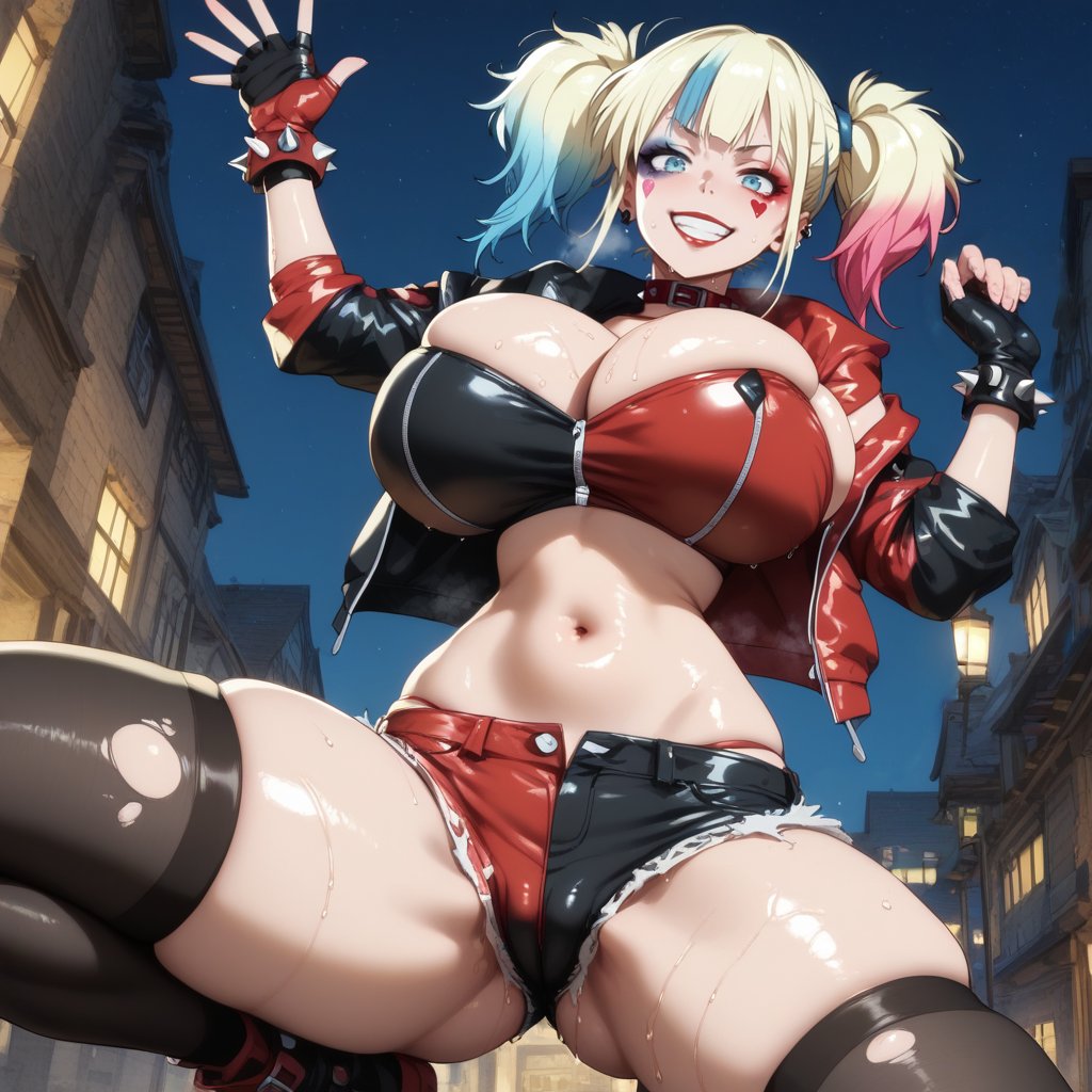 ai_generated athletic_female bare_legs batman_(series) blonde_hair blue_eyes dc_comics gigantic_breasts harley_quinn huge_breasts huge_thighs kotatsu_yakan light-skinned_female light_skin looking_at_viewer massive_breasts multicolored_hair oiled_body oiled_skin short_shorts smiling solo_female squatting stockings suicide_squad_isekai sweat sweatdrop thick_thighs thighhighs thighs topless twintails voluptuous voluptuous_female