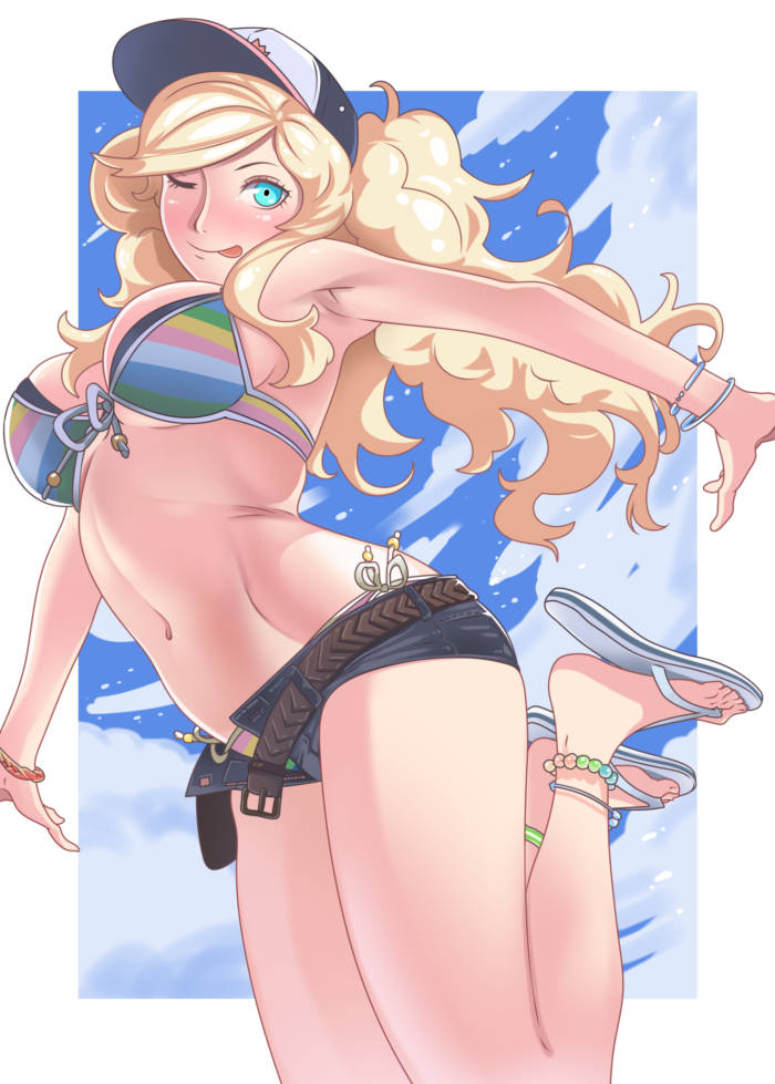 1girls anklet ann_takamaki baseball_cap bead_anklet belt bikini bikini_under_clothes blonde_hair blue_eyes bracelet breasts clouds female female_only flip_flops fully_clothed jean_shorts large_breasts looking_at_viewer midriff multicolored_bikini multicolored_swimsuit navel ootsuki_yui_(cosplay) open_shorts outside persona persona_5 revealing_clothes sandals short_shorts shorts side-tie_bikini side-tie_swimsuit sky swimsuit swimsuit_under_clothes twintails urbatman