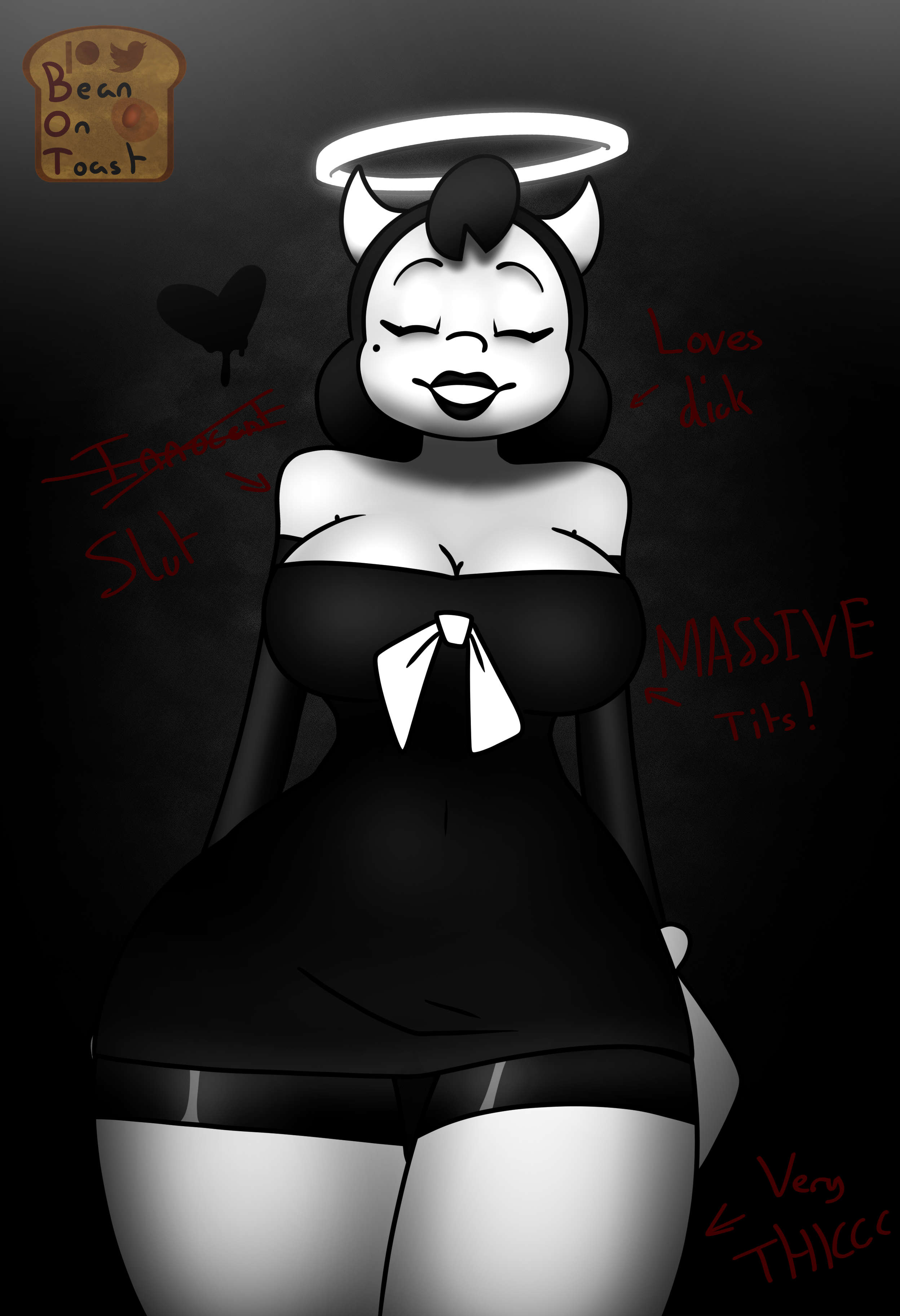 alice angel, beanontoast, bendy and the ink machine, big breasts, breasts, female, horns, monochrome, thick thighs