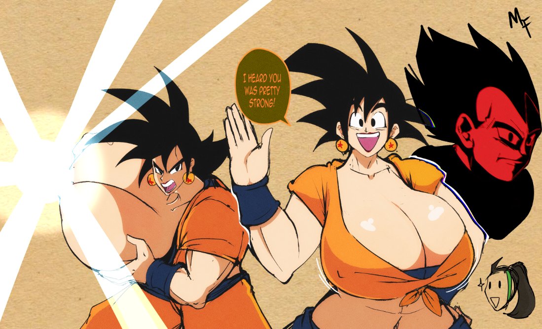 1girls dragon_ball english_text female female_goku huge_breasts nemona_(pokemon) pokemon pokemon_sv rule_63 solo_focus son_goku text thatunusmf vegeta