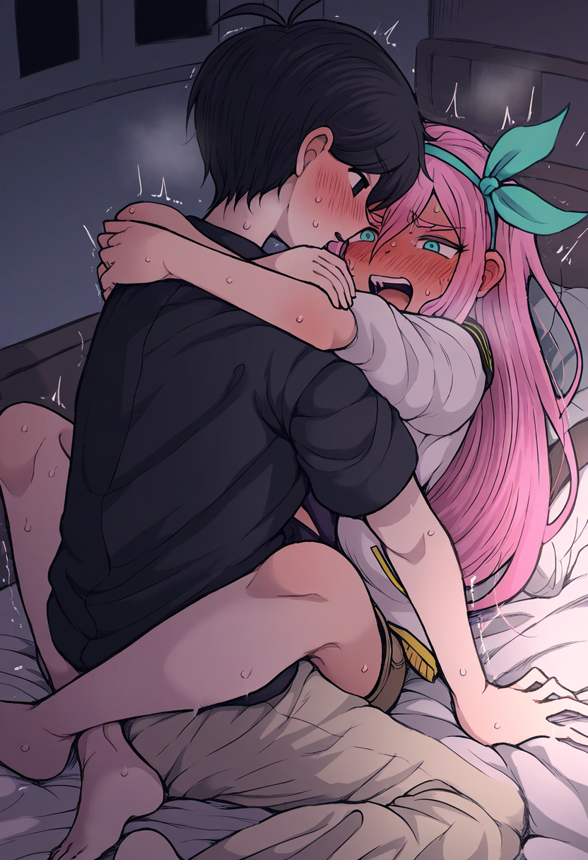 ai_generated aubrey_(omori) blush leg_lock omori pink_hair sex sunburn_(omori) sunny_(omori) tagme