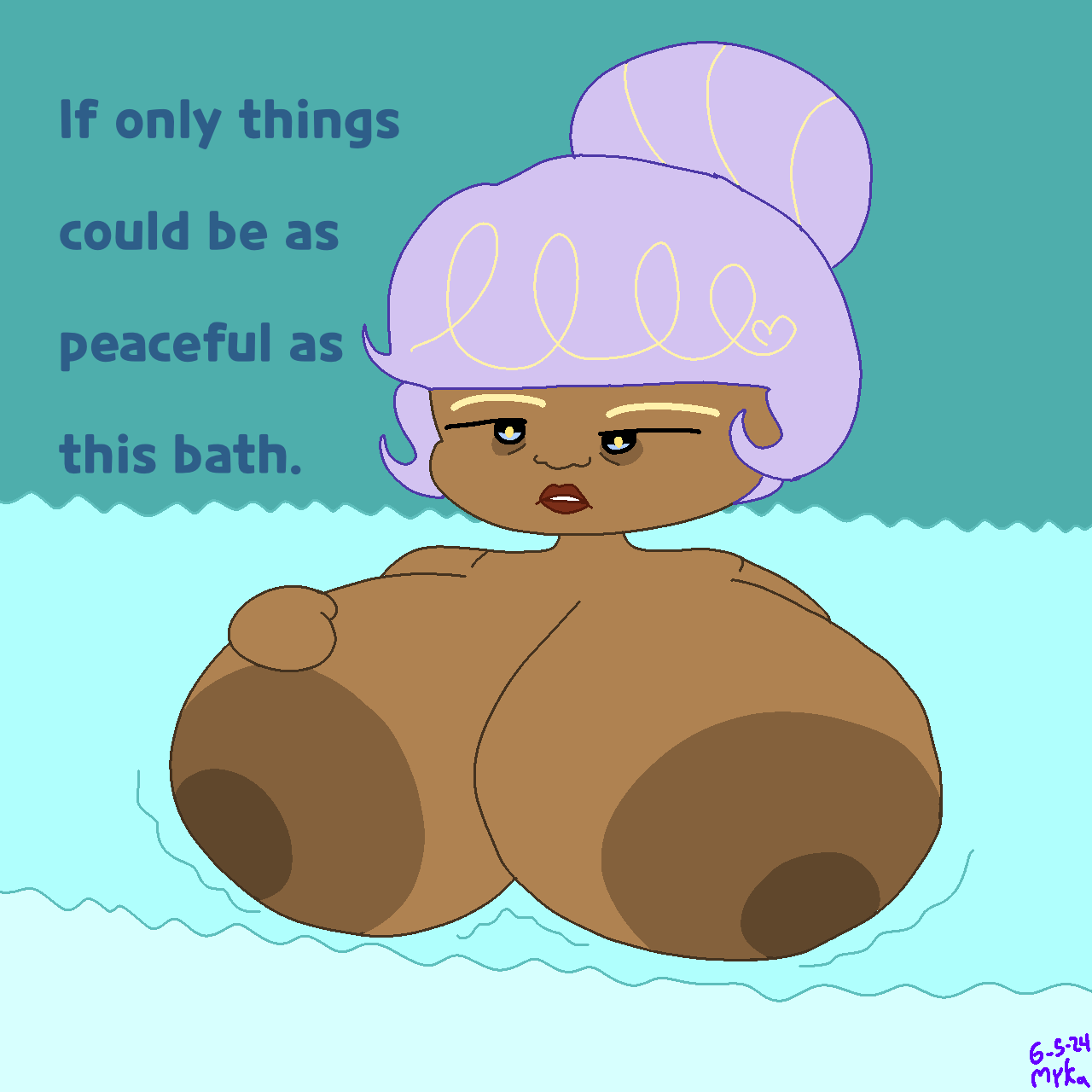 bath big_areola big_breasts blue_eyes breasts brown_body brown_skin cookie_run cookie_run_kingdom huge_areola huge_breasts lipstick massive_breasts nsfwmyka pastry_cookie speech tagme text water yellow_eyes