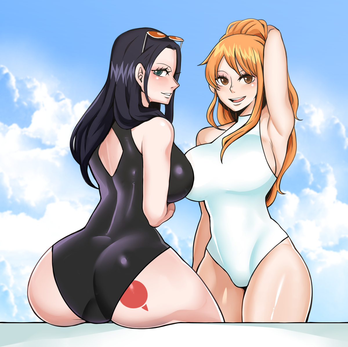 2girls, ass, ass focus, back, back view, bare legs, bare shoulders, bare thighs, big ass, big breasts, big butt, black hair, black-haired female, blue eyes, blush, breasts, clothed, clothing, color, deaf (artist), female, female focus, female only, hi res, large breasts, light skin, light-skinned female, long hair, looking at viewer, multiple females, multiple girls, nami (one piece), nico robin, one piece, one-piece swimsuit, orange eyes, orange hair, orange-haired female, post-timeskip, shounen jump, solo female, sunglasses, swimwear, tagme, tattoo, thick thighs