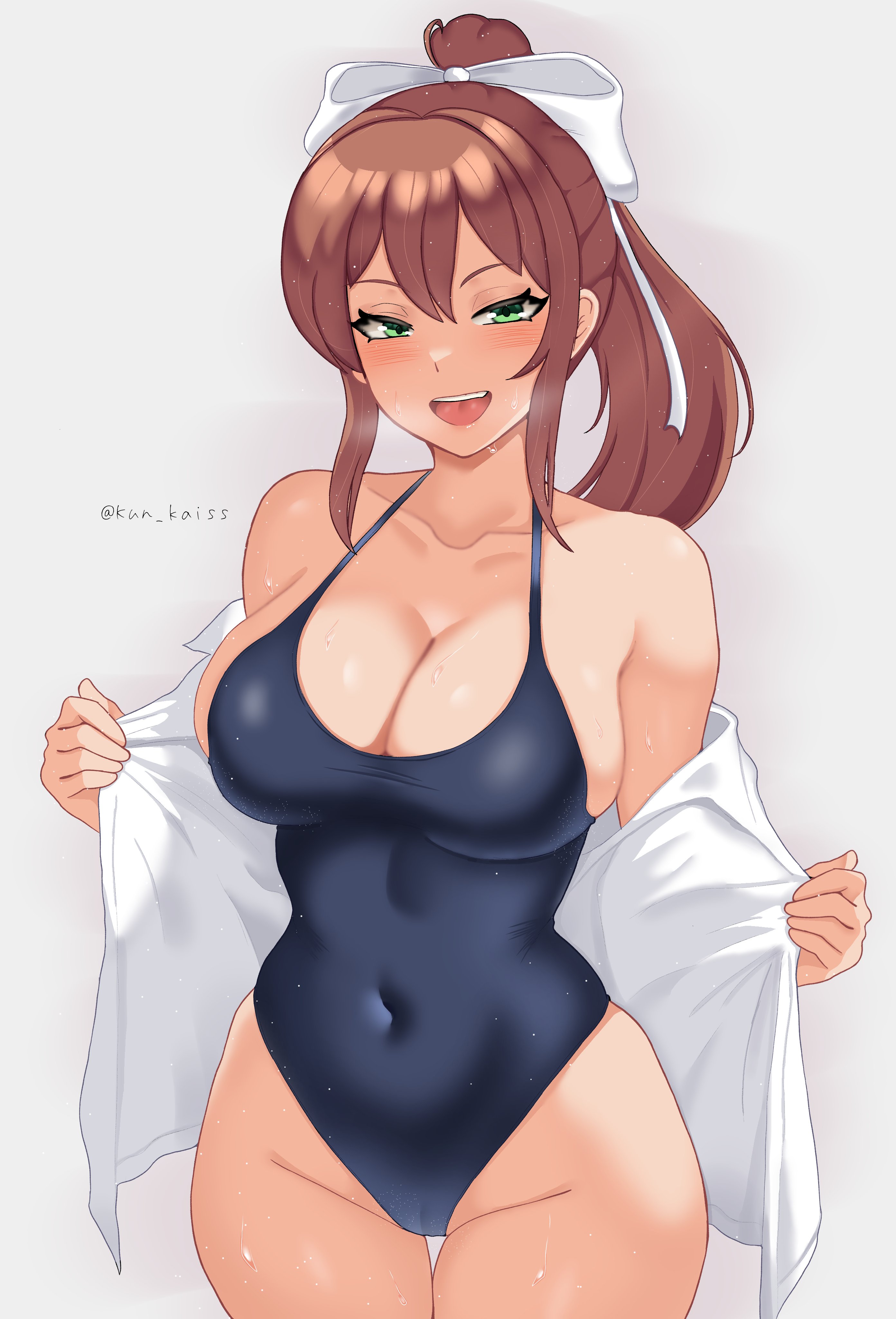 1girls, big breasts, breasts, busty, child bearing hips, covered navel, doki doki literature club, female, female only, half-closed eyes, kun kaiss, large breasts, legs, looking at viewer, monika (doki doki literature club), one-piece swimsuit, open mouth, seductive, seductive look, seductive smile, sensual, sexy, smile, solo, sweat, swimsuit, tagme, teeth, thick thighs, thighs, tongue, white bow