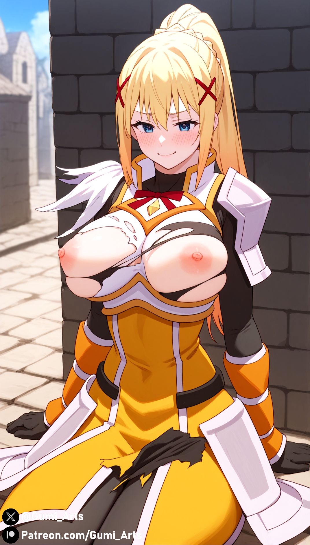 1girls, against wall, ai generated, armor, blonde hair, blue eyes, blush, bodysuit, breasts, darkness (konosuba), dress, female, female only, gloves, gumi arts, hair ornament, kono subarashii sekai ni shukufuku wo!, large breasts, long hair, naughty face, nipples, ponytail, smirk, solo, stable diffusion, thick thighs, torn clothes