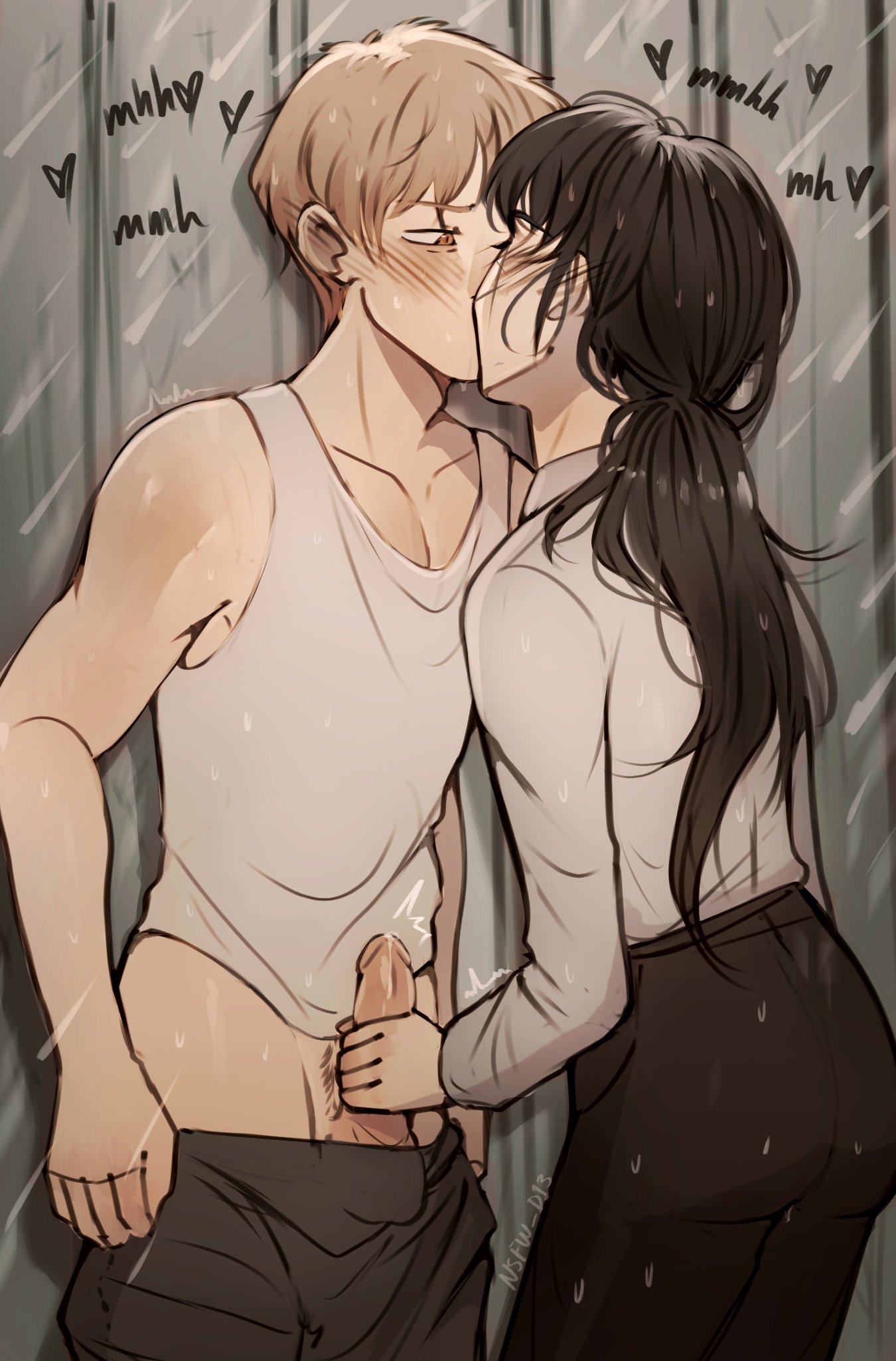 1boy, 1girls, blush, chainsaw man, denji (chainsaw man), female, kissing, male, maryd13, masturbation, mitaka asa, tagme, tank top, yoru (chainsaw man)