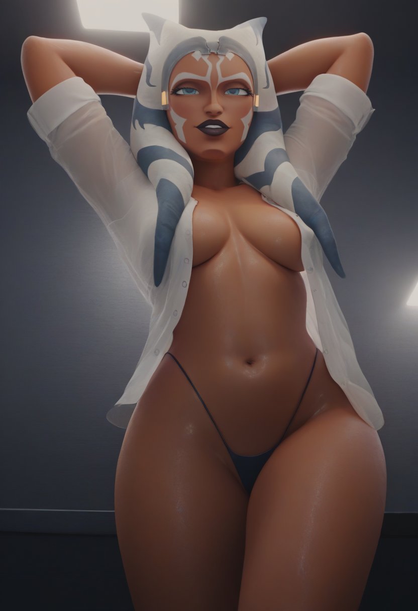 1girls ahsoka_tano ai_generated alien alien_girl arms_above_head clone_wars duchess_eugene female female_only highleg highleg_panties naked naked_female navel nude nude_female orange_body orange_skin see-through see-through_clothing solo star_wars thighs_together togruta transparent transparent_clothing tummy white_shirt