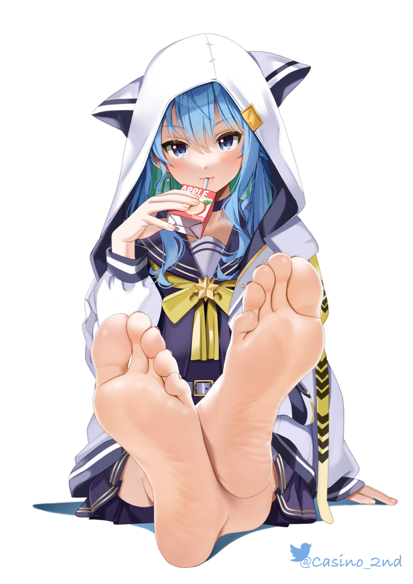 blue_eyes blue_hair blush casino_(casinoep) cute feet feet_fetish feet_focus feet_together female female_focus female_only foot_fetish foot_tease girl hololive hoodie hoshimachi_suisei juice juice_box looking_at_viewer school_uniform sitting soles virtual_youtuber