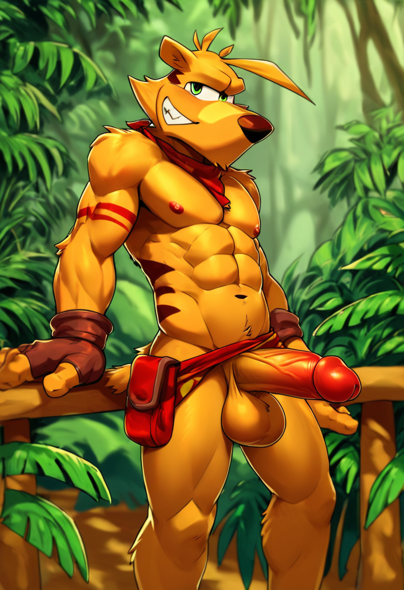 abs ai_generated balls big_balls big_penis cantsleep96 erection forest male male_only marsupial muscular muscular_male pecs penis shorts tail thylacine ty_the_tasmanian_tiger ty_the_tasmanian_tiger_(series)