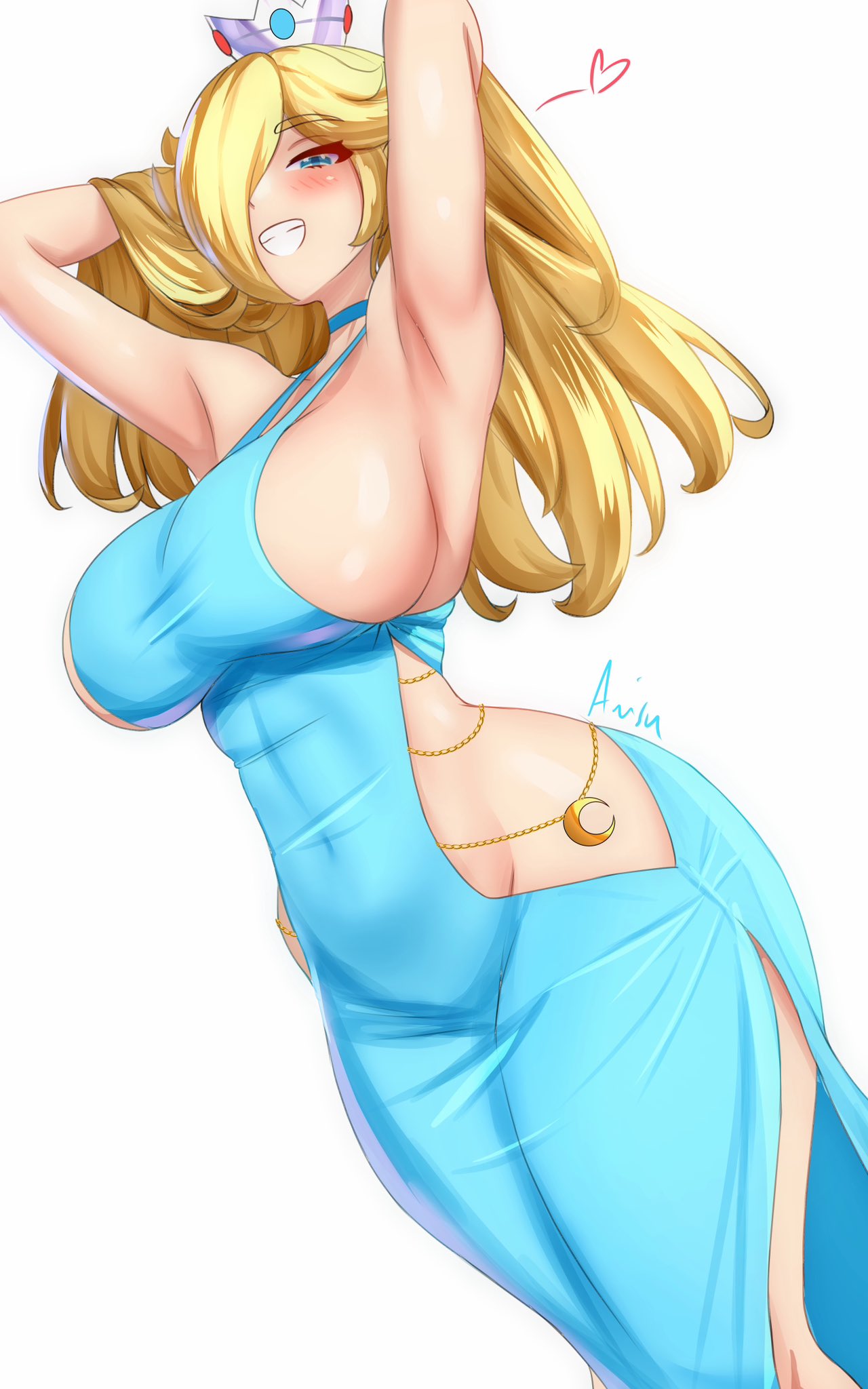1girls, anisdrawn, armpits, arms up, blonde hair, blue eyes, breasts, dress, female, hair over one eye, hi res, hips, huge breasts, light skin, light-skinned female, long hair, mario (series), naughty face, nintendo, princess rosalina, smile, super mario galaxy, thick thighs, thighs, white background, wide hips