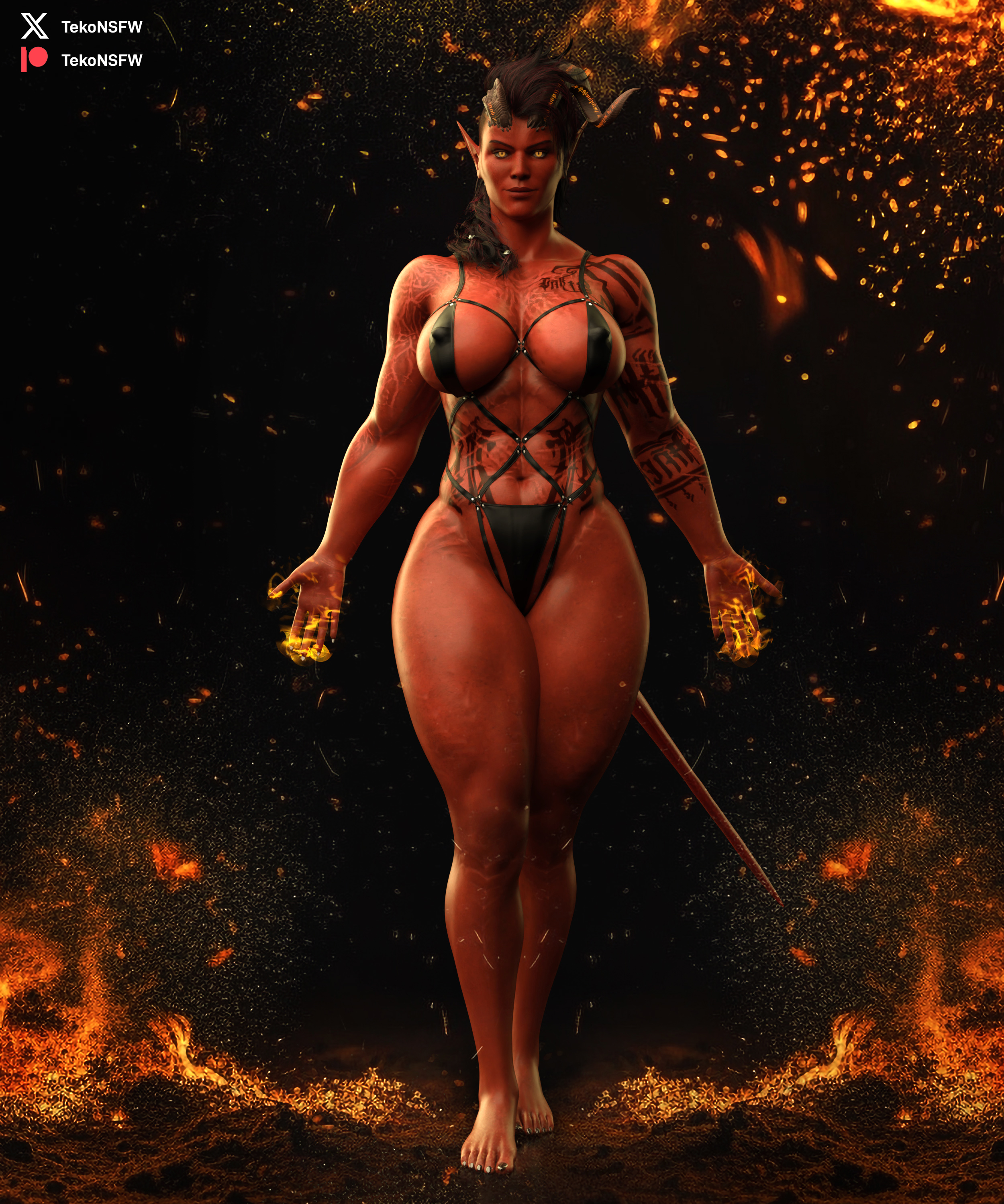 3d, abs, baldur's gate 3, big breasts, breasts, female, karlach, muscular, quads, tekonsfw