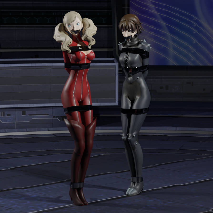 2_bodysuits 2girls 3d ann_takamaki arms_tied_behind_back black_bodysuit black_corset blonde_hair blue_eyes bodysuit bondage breasts brown_hair clothing corset crown_braid female gag gagged high_heel_boots high_heels human kakizaki86 knee_spikes legs_tied makoto_niijima medium_breasts pale_skin persona persona_5 phantom_thief_suit red_bodysuit red_eyes short_hair shoulder_spikes tape tape_bondage tape_gag thighhigh_boots twintails zipper zipper_pull_tab