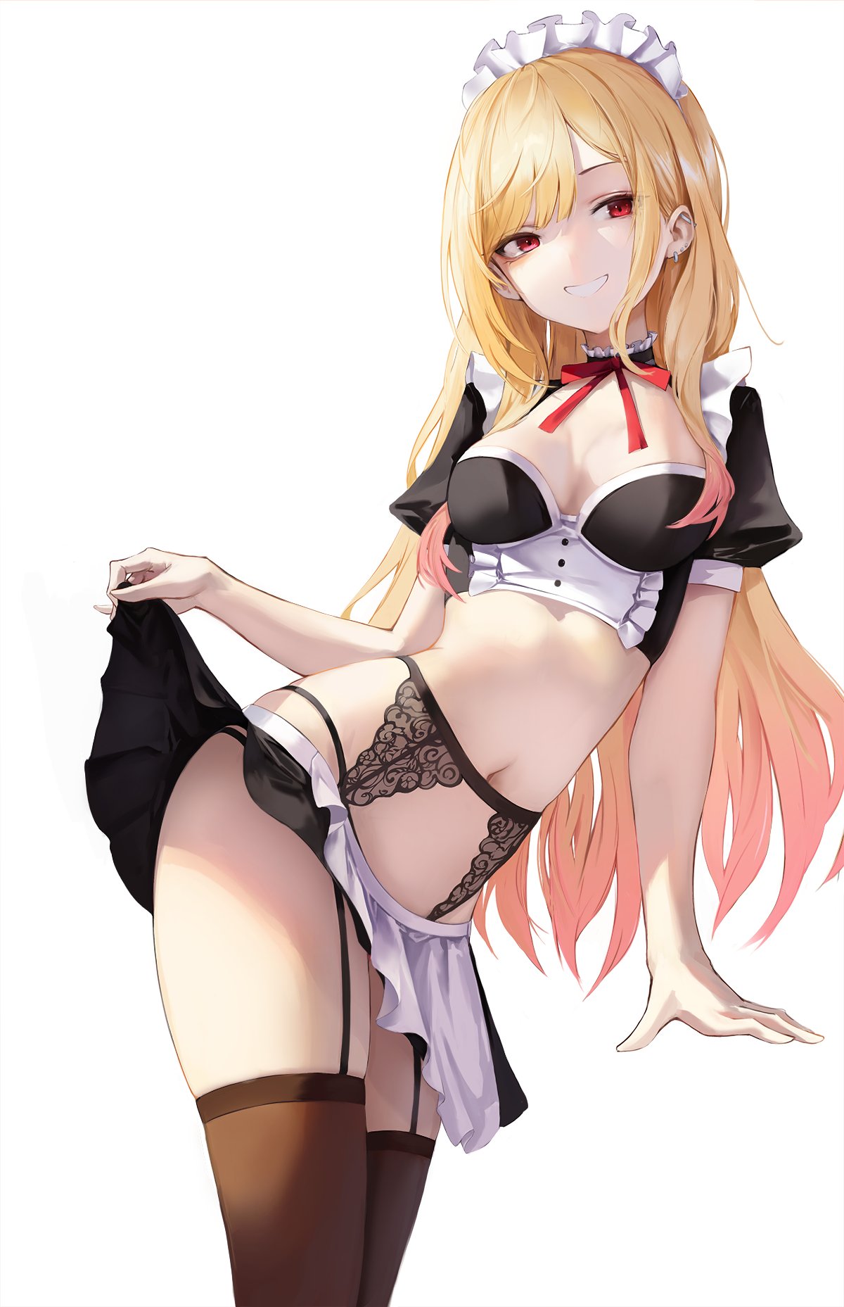 1girls absurd_res absurdres arm_support ass bare_arms bare_belly bare_chest bare_midriff bare_skin bare_thighs belly belly_button black_garter_straps black_panties black_skirt black_thighhighs black_underwear blonde_female blonde_hair blonde_hair_female bowtie breasts cleavage dot_nose ear_piercing earrings elbows female female_focus female_only fingernails fingers fully_clothed garter_straps groin high_resolution high_school_student highres hiki_niito hiki_nito hikinito_(leviathan) hourglass_figure kitagawa_marin lace_panties lace_underwear legs leviathan_(hikinito0902) light-skinned_female light_skin long_hair looking_at_viewer maid maid_apron maid_headdress maid_outfit maid_uniform medium_breasts naked naked_female navel nude nude_female panties parted_bangs red_bowtie red_eyes red_eyes_female red_ribbon revealing_clothes ribbon school_girl shoulders simple_background skirt skirt_lift skirt_lifted_by_self slender_body slender_waist slim_girl slim_waist smile smiling smiling_at_viewer solo sono_bisque_doll_wa_koi_wo_suru standing stockings student teenage_girl teenager thick_thighs thighhighs thighs thin_waist underwear upper_body white_background wide_hips