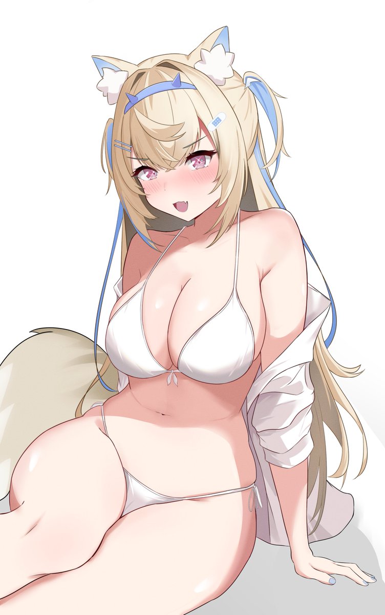 1girls, 2d, 2d (artwork), alternate costume, animal ears, animal tail, big breasts, bikini, bikini bottom, bikini top, blonde hair, blue hair, bra, breasts, cleavage, female, female focus, female only, front view, fuwawa abyssgard, hololive, hololive english, hololive english -advent-, huge breasts, light skin, light-skinned female, long hair, looking at viewer, pink eyes, simple background, solo, solo female, solo focus, summer, swimsuit, thong, thong bikini, two piece swimsuit, two-tone hair, virtual youtuber, vtuber, vtuberfanart, white bikini, white bikini bottom, white bikini top, white swimsuit, white thong, young, younger female