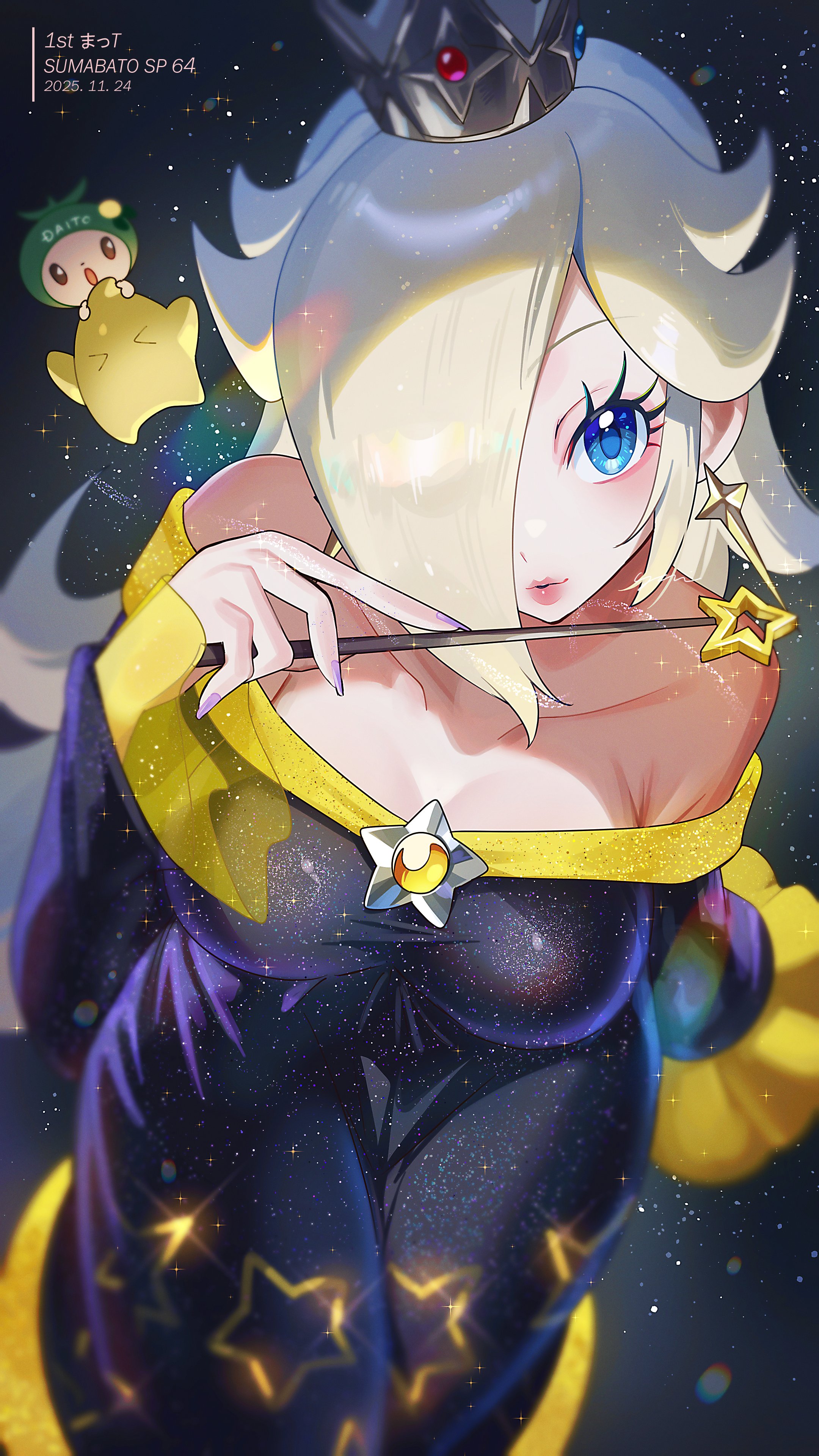> <, absurdres, alternate color, bare shoulders, black dress, blonde hair, blue eyes, blush, breasts, brooch, character request, closed eyes, collarbone, commentary, crown, dress, earrings, female, grey crown, hair over one eye, highres, holding, holding wand, jewelry, large breasts, long hair, long sleeves, looking at viewer, luma, mario (series), nintendo, off shoulder, off-shoulder dress, parted lips, princess rosalina, rosalina, silver crown, space, star (symbol), star brooch, star earrings, star wand, super mario galaxy, super smash bros., symbol-only commentary, wand, yasaikakiage