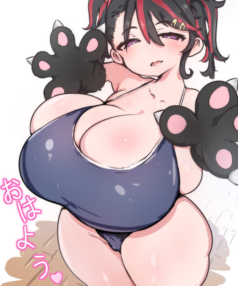 ariduka formica, bare shoulders, black hair, blush, breasts, bursting breasts, cameltoe, cleavage, gloves, hair between eyes, hair ornament, hairclip, heart, huge breasts, indie virtual youtuber, ioxat, japanese text, multicolored hair, one-piece swimsuit, paw gloves, purple eyes, red hair, short hair, shortstack, spoken heart, swimsuit, thick thighs, thighs, twintails, two-tone hair, virtual ant channel, virtual youtuber
