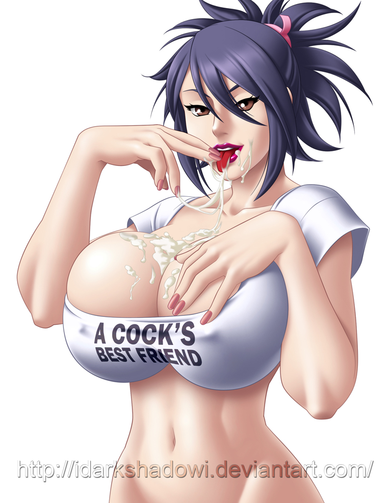 1girls, bottomless, breasts, brown eyes, bukkake, busty, center opening, cleavage, clothes writing, cum, cum on breasts, cum on tongue, cum string, female, female only, hair ribbon, human, large breasts, lipstick, looking at viewer, naughty face, navel, purple hair, ribbon, sheena fujibayashi, simple background, solo, tales of (series), tales of symphonia, thedarkness, tongue, tongue out, voluptuous, white background