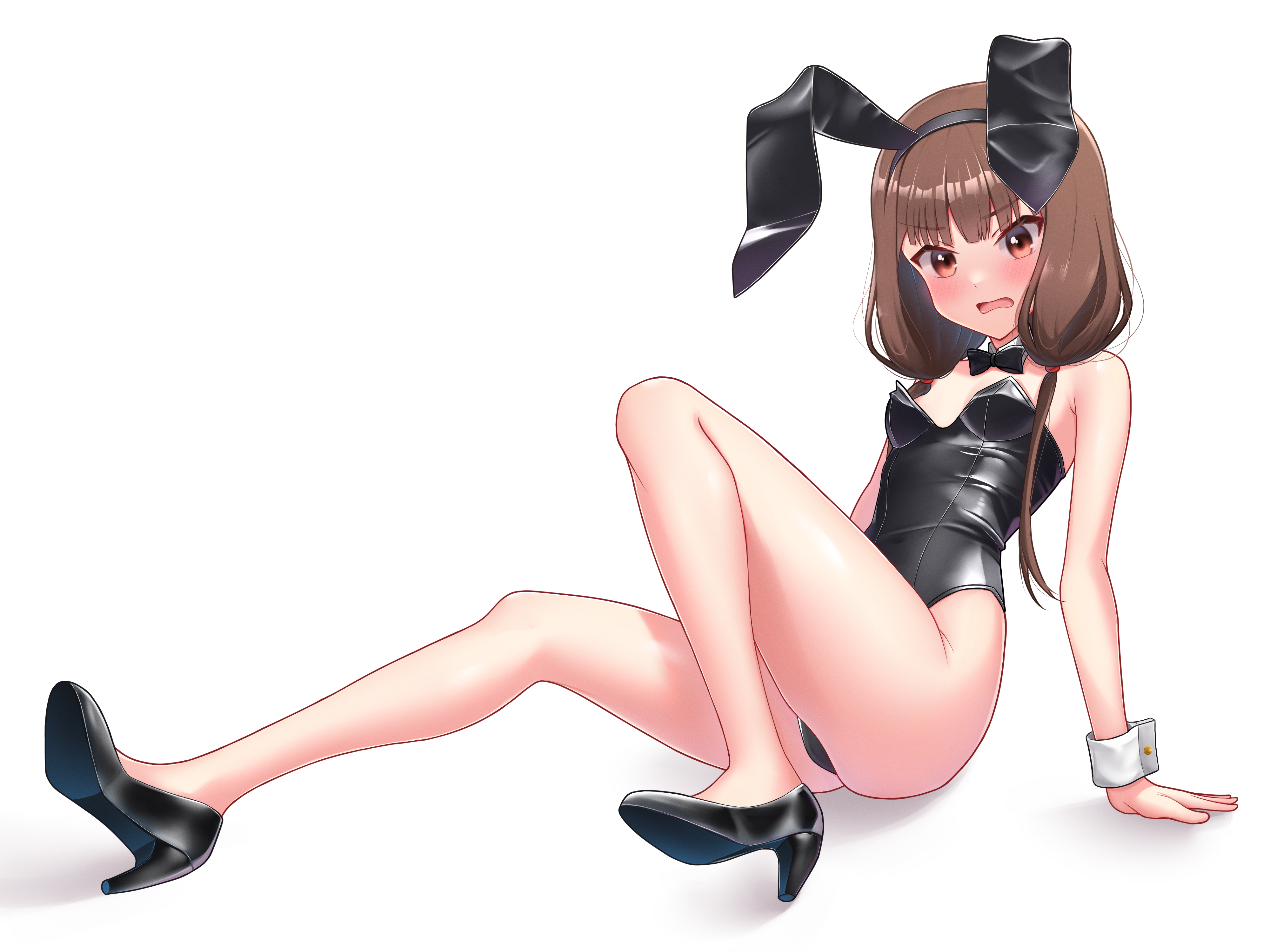 1girls, absurd res, absurdres, arm support, ass, black bowtie, black bunny ears, black bunnygirl costume, black bunnysuit, black high heels, bowtie, breasts, brown eyebrows, brown eyes, brown hair, brown-eyed female, brown-haired female, bunny ears, bunny girl, bunny tail, bunnygirl outfit, cleavage, collar, cute, dot nose, elbows, feet, female, female focus, female only, fingers, full body, groin, high heels, high resolution, high school student, highres, iino miko, kaguya-sama wa kokurasetai ~tensai-tachi no renai zunousen~, knee up, knees, legs, light skin, light-skinned female, long hair, looking at viewer, moriforests, naked, naked female, nude, nude female, petite, petite body, petite breasts, petite female, pussy, schoolgirl, shoulders, simple background, sitting, sitting on floor, sitting on ground, slender body, slender waist, slim female, slim waist, small breasts, soles, solo, student, teenage female, teenager, thick ass, thick thighs, thighs, thin waist, toes, twintails, twintails (hairstyle), underboob, white background, white collar, white wrist cuffs, wrist cuffs