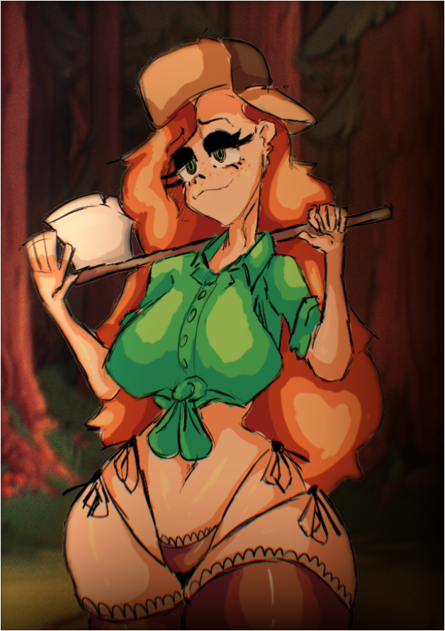 :3 axe big_breasts bikini bikini_bottom breasts colored disney disney_channel disney_xd earring forest ginger ginger_hair gravity_falls green_eyes green_shirt happy hat horny legs legwear meremor red_hair shirt sunset thick_thighs wendy_corduroy white_female