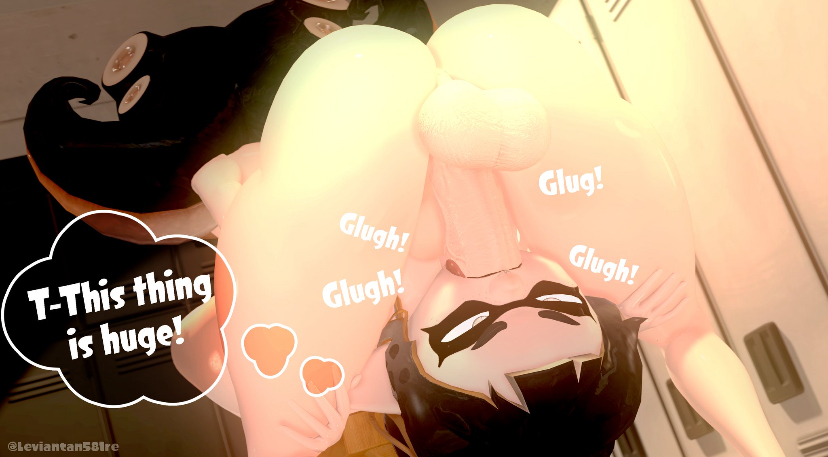 1futa, 1girls, 3d, balls, celeste (leviantan581re), dialogue, english text, erection, face fucking, fellatio, female, futa on female, futanari, huge penis, inkling, inkling girl, intersex, leviantan581re, light skin, light-skinned female, light-skinned futa, locker room, nintendo, octoling, octoling girl, penis, splatoon, standing, tagme, tentacle hair, testicles, thought bubble, throat swabbing
