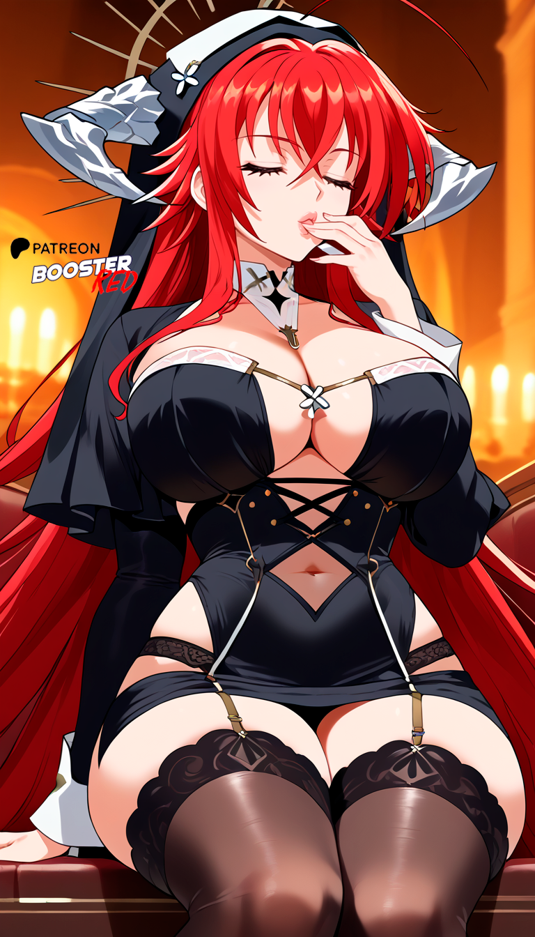 ai_generated blue_eyes boosterred99 close-up garter_straps high_school_dxd large_breasts legs long_hair long_sleeves navel nun nun_habit nun_hat nun_outfit perfect_body pony_diffusion_xl red_hair rias_gremory seductive_smile stockings thick_thighs thighhighs voluptuous