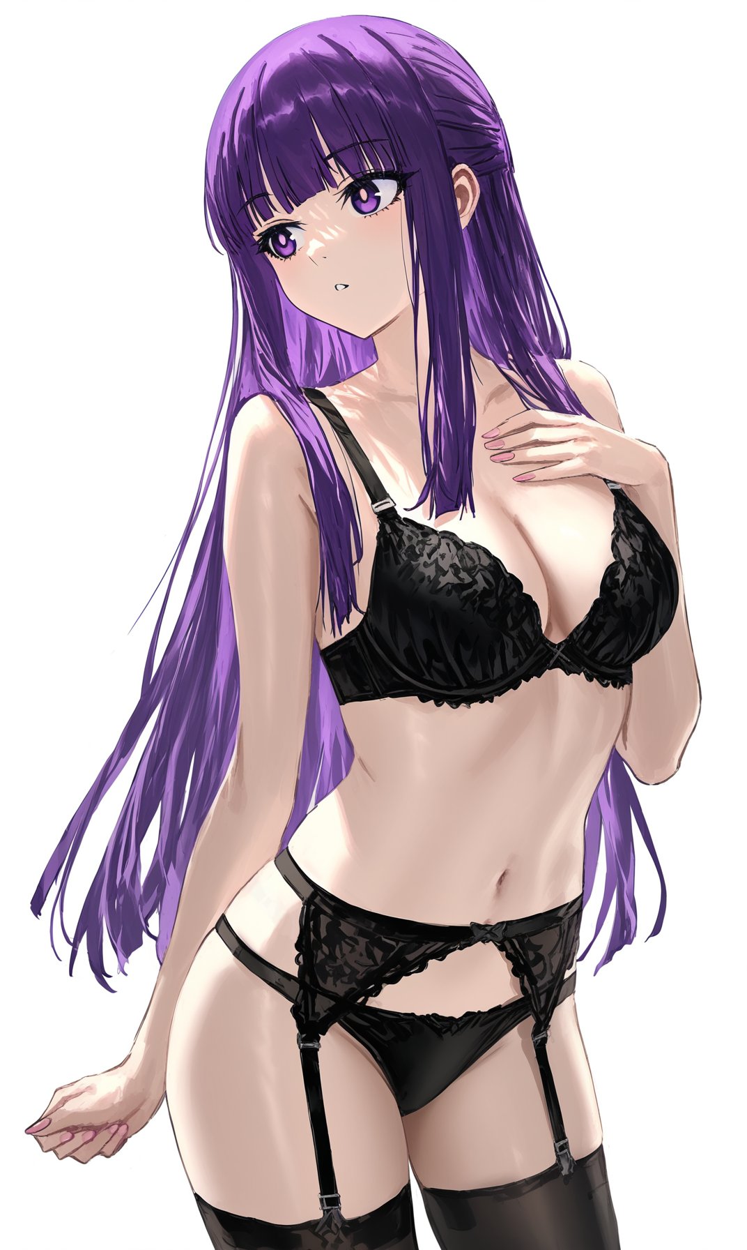 black_bra black_panties black_socks bra fern_(sousou_no_frieren) lingerie panties purple_eyes purple_hair slim_body socks sousou_no_frieren thigh_socks thighhighs