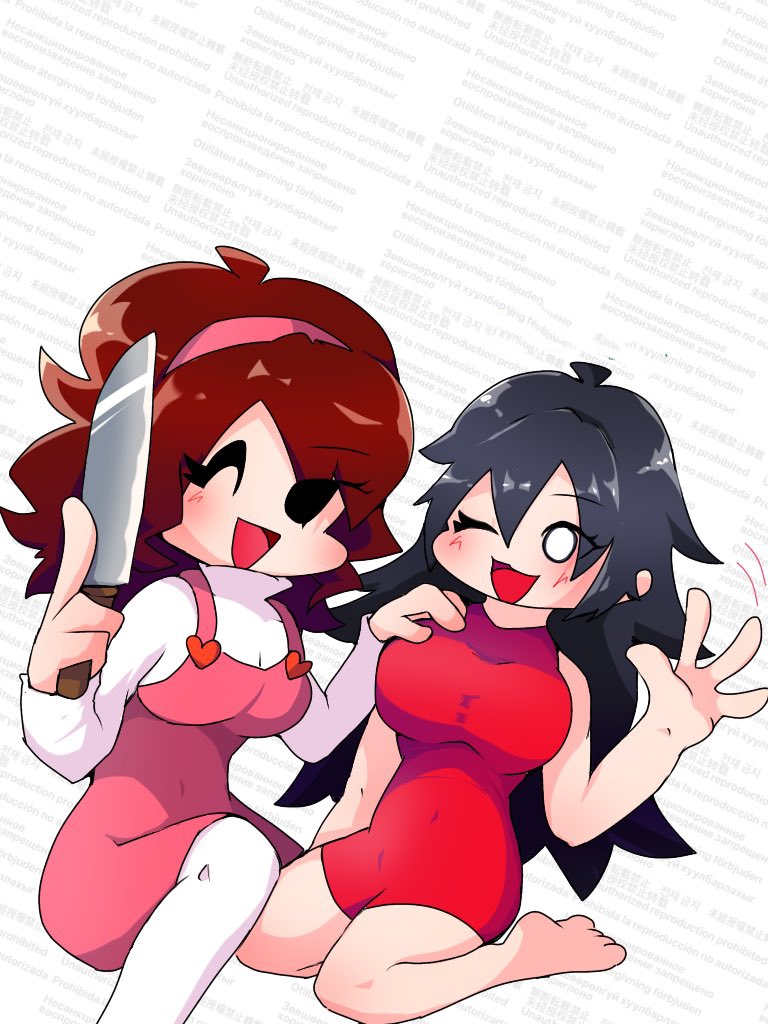 asian auburn_hair black_eyes black_hair cartoon_eyes clothes_swap clothes_swapped feet friday_night_funkin girlfriend_(friday_night_funkin) happy kneeling knife nene_(newgrounds) red_dress waving white_eyes