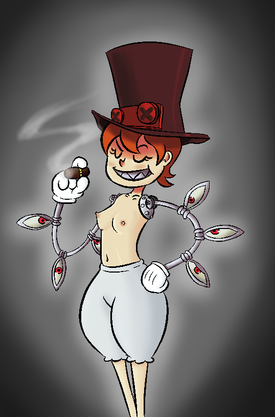 bloomers casual_nudity casual_topless cigar female gottashitfast mechanical_arm navel peacock_(skullgirls) perky_breasts prosthetic_arm red_hair rubber_hose rubberhose sharp_teeth short_hair skullgirls smoking smoking_cigar smug smug_face tagme top_hat tophat topless