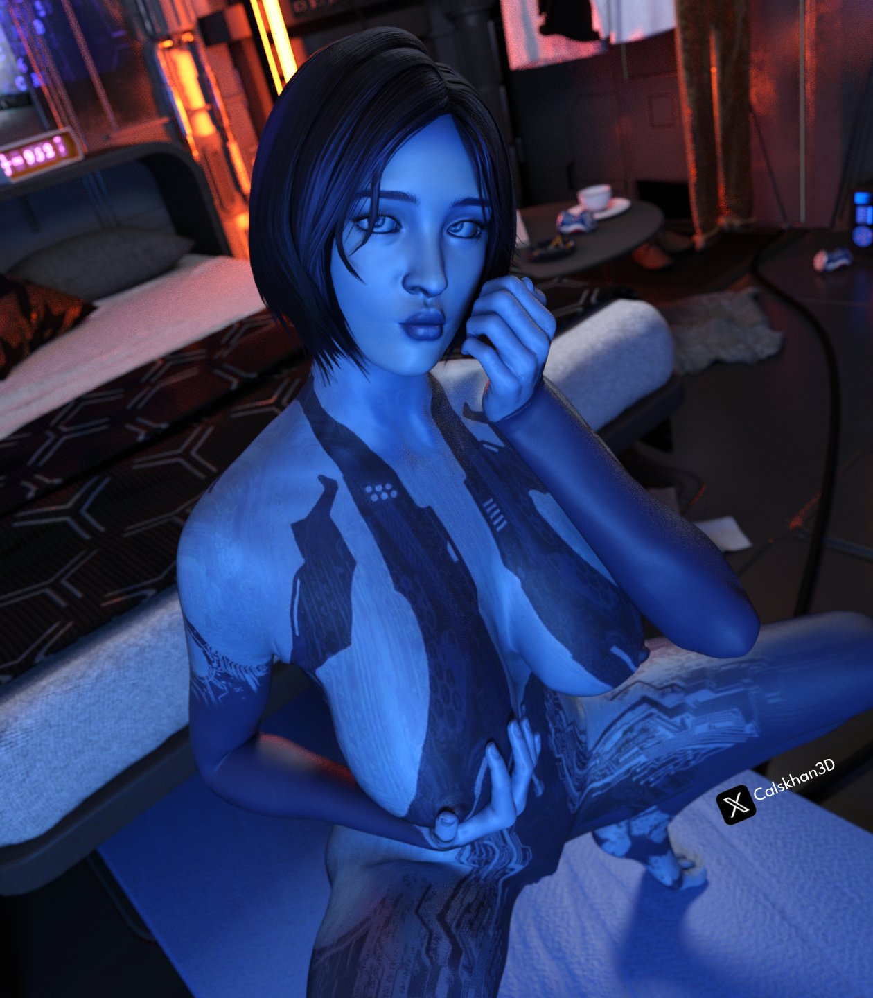 blue_body blue_eyes blue_hair blue_skin calskhan cortana halo pose posing spread_legs spread_pussy spreading