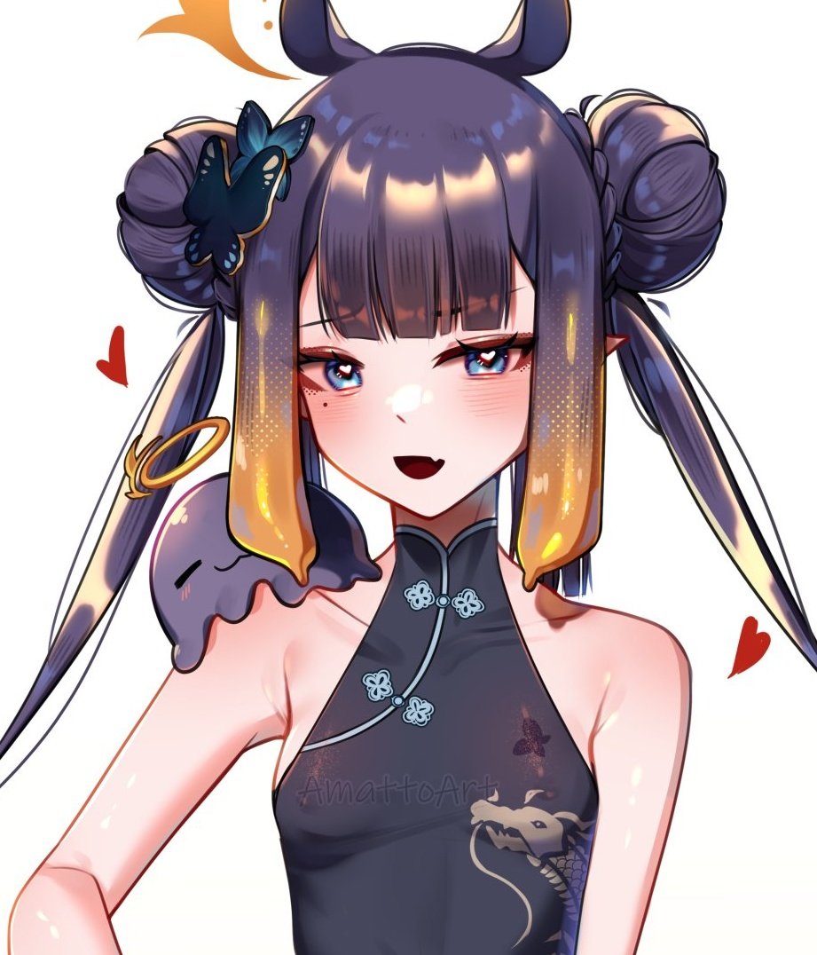 amatto beauty_mark blush china_dress chinese_clothes cropped flat_chest heart heart-shaped_pupils hololive hololive_english hololive_myth looking_at_viewer ninomae_ina'nis nipple_bulge nipples_visible_through_clothing oerba_yun_fang open_mouth small_breasts tako_(ninomae_ina'nis) virtual_youtuber vtuber