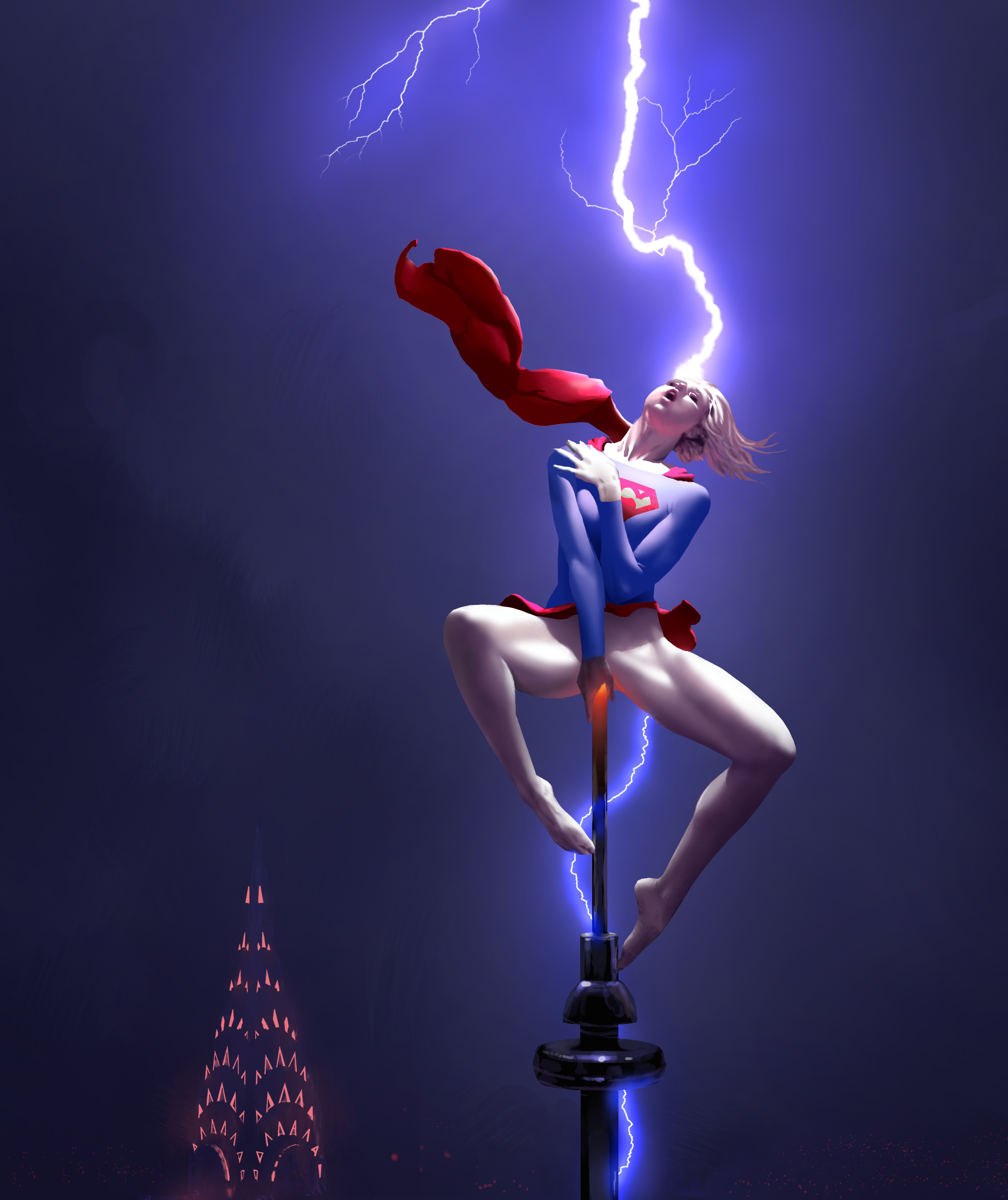 1girls, barefoot, blonde hair, bottomless, cape, clothed, clothed female, clothed masturbation, clothing, dc, dc comics, electricity, electrostimulation, feet, female, female only, hair, insertion, kara zor-el, legs, lightning, lightning rod, looking pleasured, masturbation, medium hair, night, object insertion, open mouth, outside, pleasure face, pussy, skimpy costume, skirt, solo, stahlberg, storm, supergirl, superheroine, superman (series), upskirt, vaginal insertion, vaginal penetration