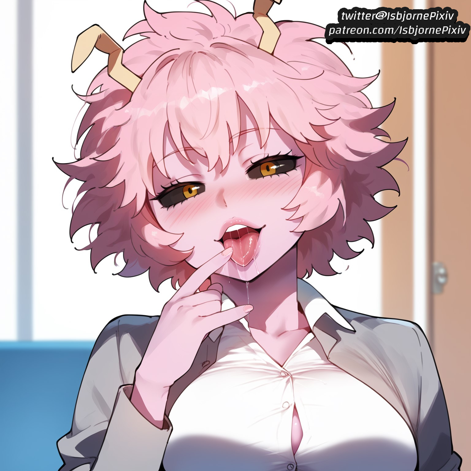 1boy, ai generated, ashido mina, ass, black sclera, boku no hero academia, breasts, cheerleader, cheerleader uniform, dark skin, female, huge ass, huge cock, large ass, large breasts, large penis, light skin, light-skinned female, male, mina ashido, my hero academia, penis, pink eyes, pink hair