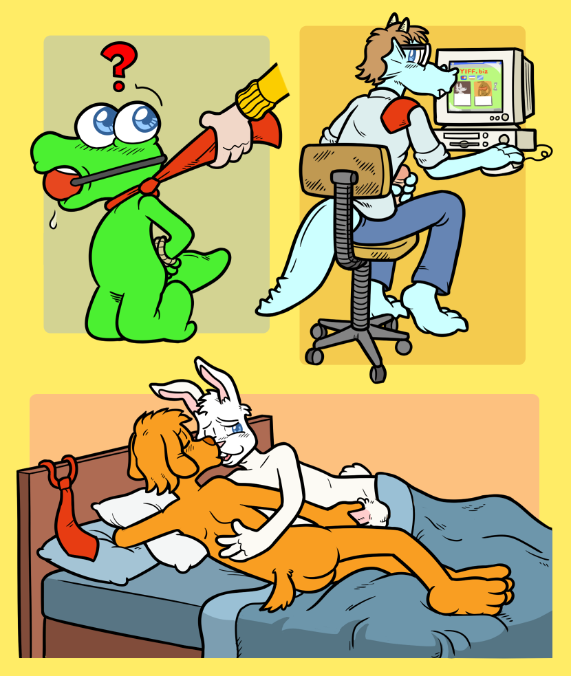 anthro ass ball_gag bed computer furry furry_only gag gay johnson lizard male_only masturbation neck_tie no_humans pierrezaius shmorky tommy