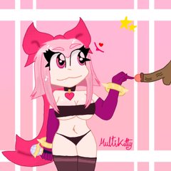 1girls black_bra black_panties boop bracelet brawl_stars dark-skinned_male interracial melodie_(brawl_stars) microphone multikitty penis pink_hair purple_gloves touching_penis