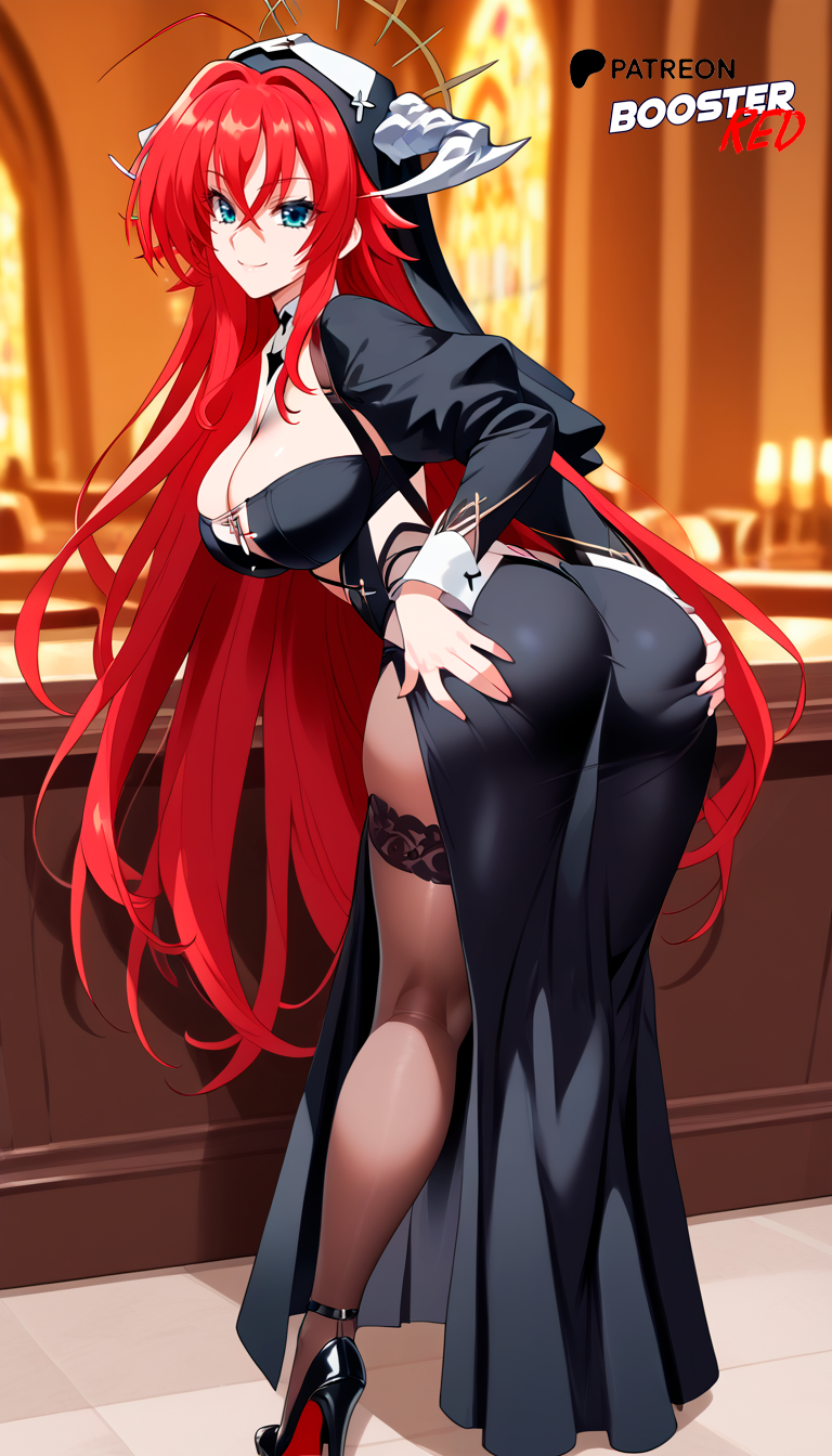 ai_generated ass ass_focus black_footwear black_heels blue_eyes boosterred99 from_behind from_behind_position full_body heels high_heels high_school_dxd large_breasts leaning_forward legs long_hair long_sleeves louboutin_(shoes) navel nun nun_habit nun_hat nun_outfit perfect_body pony_diffusion_xl red_bottom_heels red_hair rias_gremory seductive_smile voluptuous