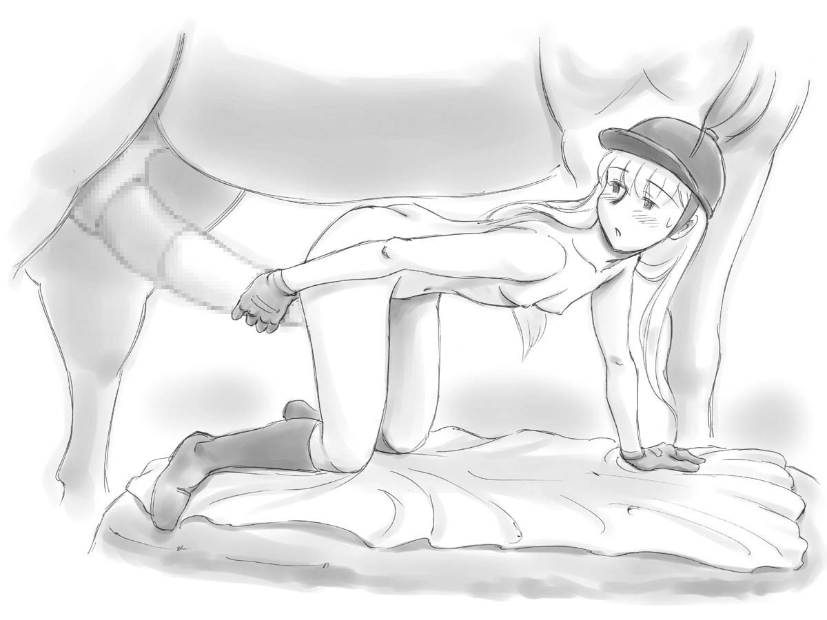 blonde hair, blush, boots, breasts, cap, censored, female, female human/male feral, gloves, horse, male, mizuiro megane, monochrome, nude, penis, sex, small breasts, zoophilia