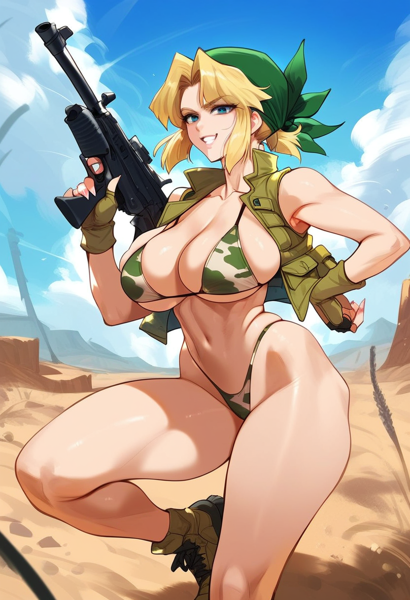 2d ai_generated bandana bikini blonde_hair camouflage eri_kasamoto female female_focus female_only gloves gun highleg metal_slug outdoors solo solo_female solo_focus tagme