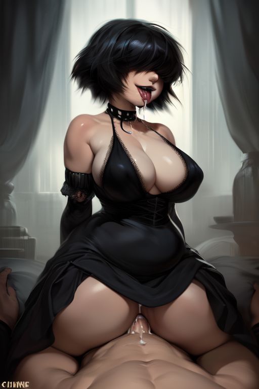 ai_generated black_dress black_hair choker chubby chubby_female covered_eyes cowgirl cowgirl_position cum cum_in_pussy drool drooling drooling_tongue eyes_covered goth goth_girl hair_covering_eyes huge_breasts josie_(euclidbeing) massive_breasts original_character pov raining riding riding_penis short_hair smiling thick_thighs tongue tongue_out