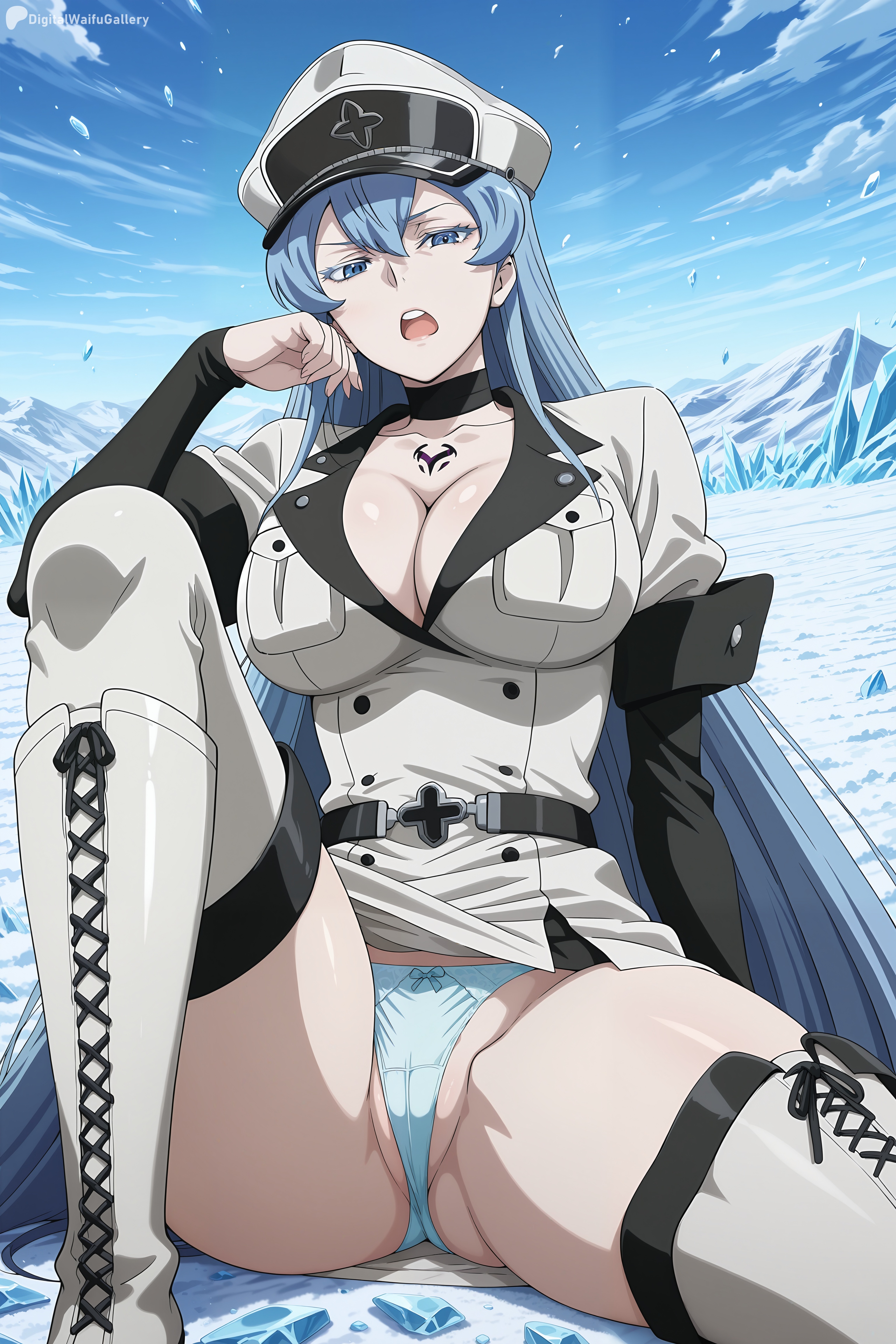 ai generated, akame ga kill!, blue eyes, blue hair, blue panties, boots, breasts, choker, cleavage, cross-laced footwear, digitalwaifugallery, esdeath (akame ga kill!), female, female only, hat, hi res, high quality, high resolution, ice, knee boots, lace-up boots, large breasts, long hair, looking at viewer, military, military uniform, open mouth, panties, patreon, peaked cap, seductive, sexy, sitting, solo, thigh boots, thighhighs, uncensored, underwear, uniform, very long hair, watermark, white footwear