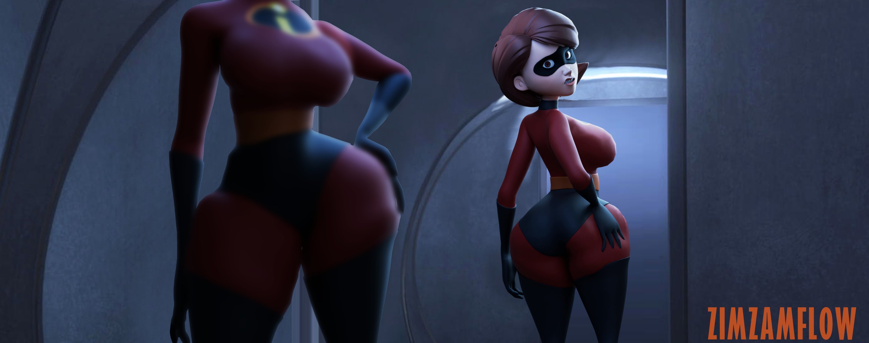 3d, ass, big ass, big breasts, breasts, canonical scene, check, costume, disney, elastigirl, elastigirl mirror scene, female, fortnite, helen parr, helen's ass check, looking at self, mirror, pixar, skin tight, small waist, superheroine, tagme, the incredibles, thick thighs, zimzamflow