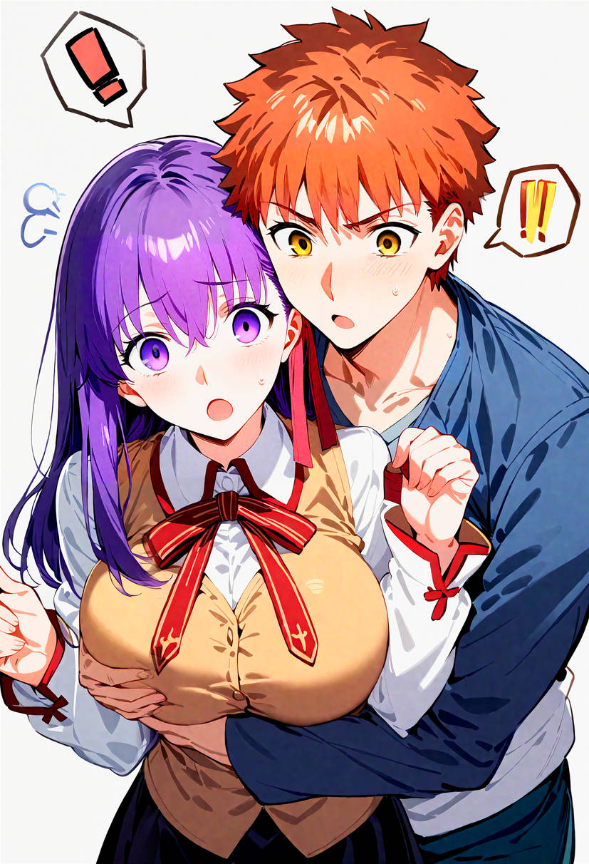 1boy 1girls ai_generated artist_request big_breasts breasts couple cute emiya_shirou fate/stay_night fate_(series) grabbing_breasts hug love matou_sakura orange_hair purple_eyes purple_hair yellow_eyes