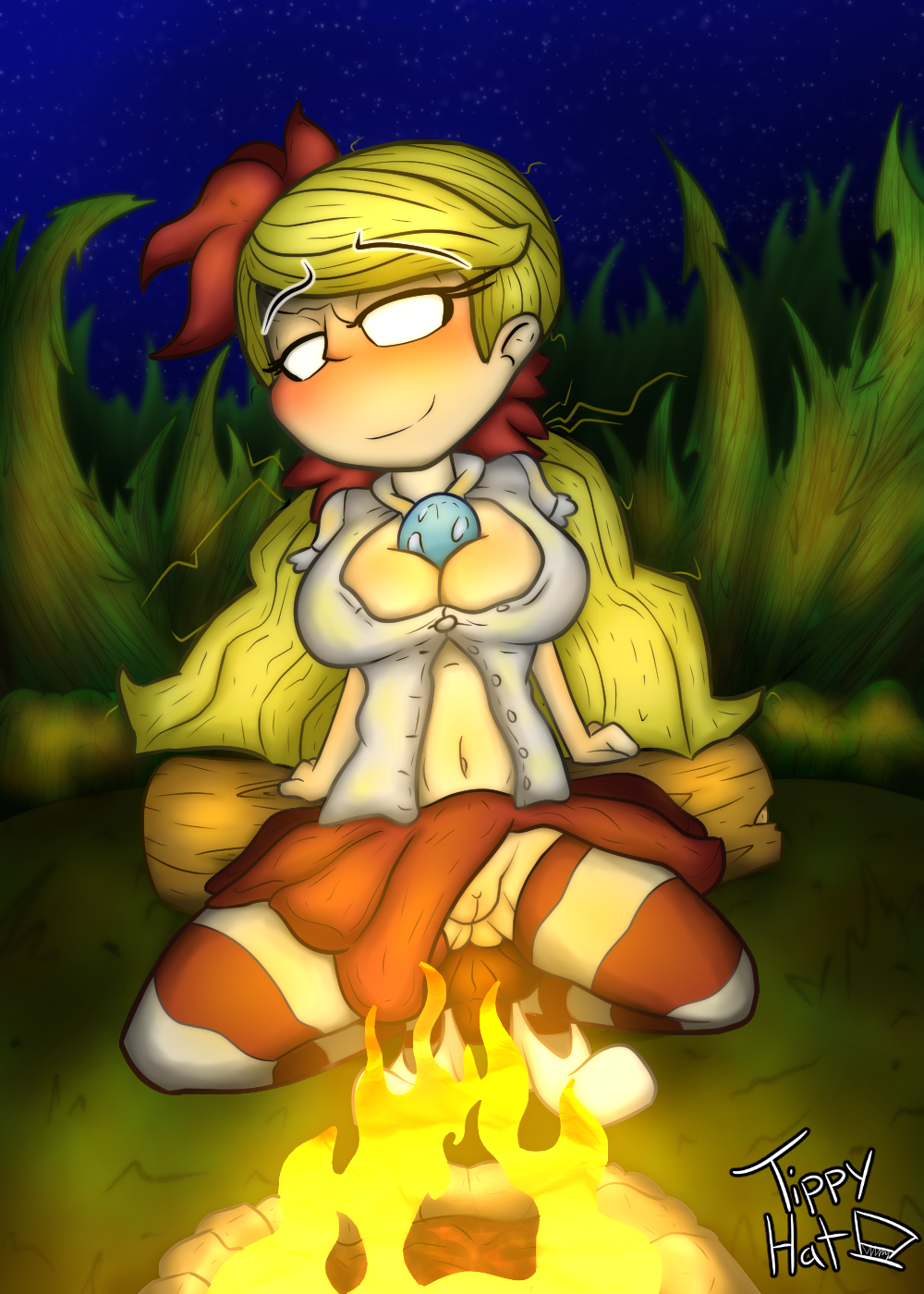 blonde_hair campfire cleavage clothed don't_starve dont_starve_together fire flashing_pussy looking_at_viewer mushroom night object_in_breasts outdoors pov pussy pussy_exposed redraw skirt skirt_lift smile solo stockings striped_legwear tippyhat_(artist) wendy_(don't_starve)